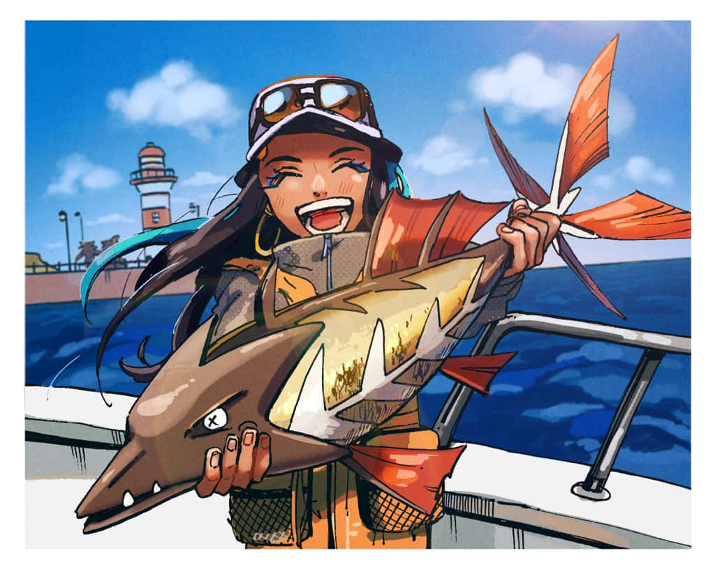 船上動漫女孩抱著大魚，身後有燈塔。 — 寶可夢 剑 盾 壁紙