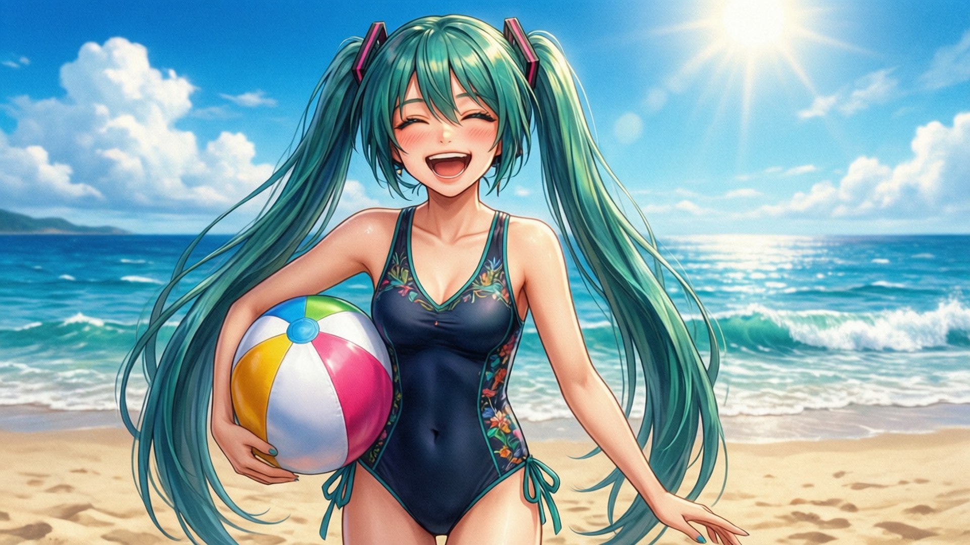 Miku Beach Fun 壁紙 — 一個快樂的動漫女孩，紮著青色雙馬尾，穿著花卉泳衣，在陽光明媚的沙灘上笑著拿著一個彩色沙灘球。