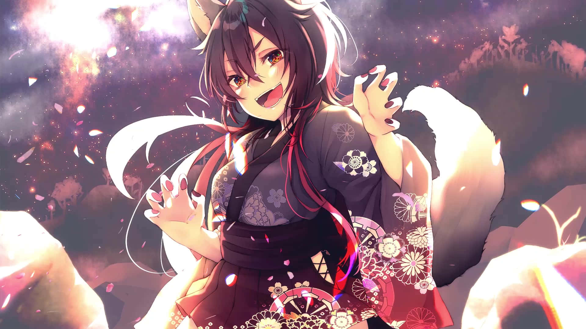  壁紙 — 一個快樂的動漫女孩，長著狐狸耳朵，穿著花卉和服，在閃爍的宇宙背景下燦爛微笑。