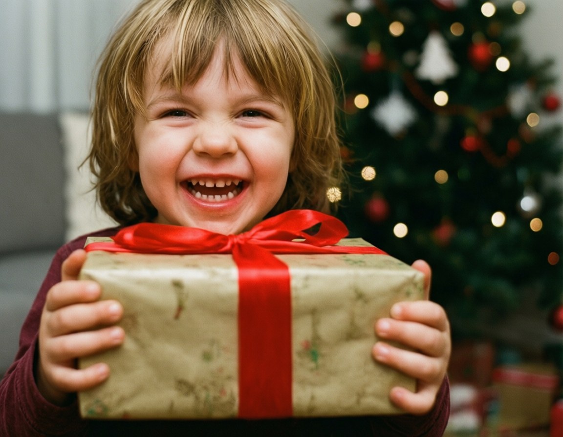 Child's Excitement 壁紙 — 一個快樂的孩子抱著用棕色包裝紙包裹並繫上紅色絲帶的禮物，滿臉喜悅。
