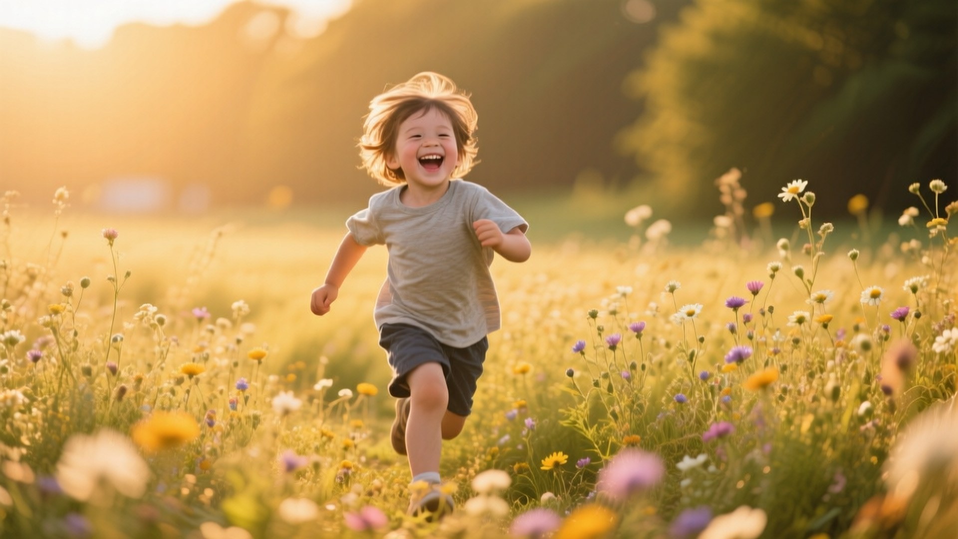 Child in Wildflowers 壁紙 — 一個快樂的孩子跑過陽光明媚、開滿五顏六色野花的草地。