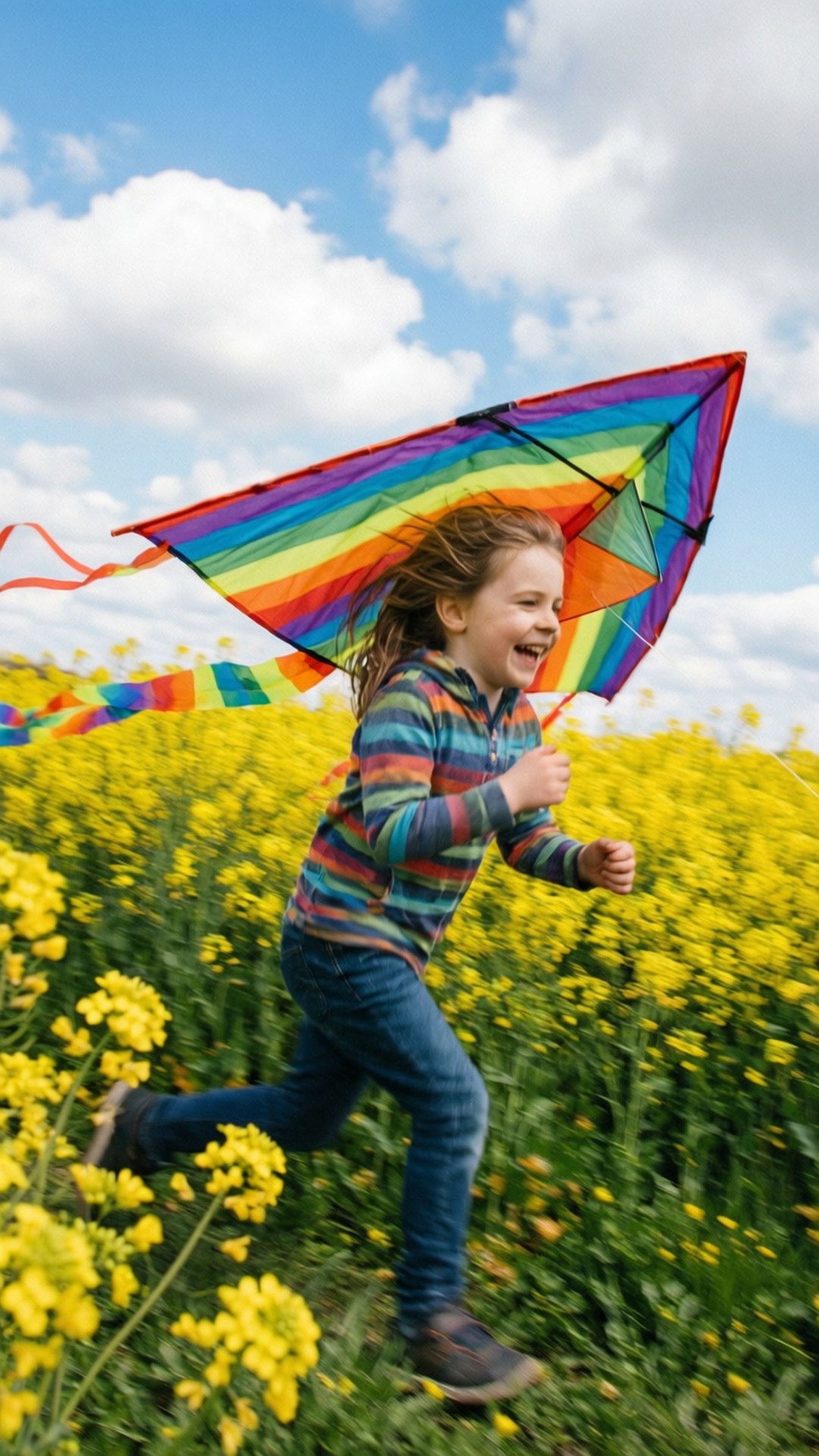 Kite Flying Spring 壁紙 — 一個快樂的孩子在充滿活力的黃色油菜花田中奔跑，手持彩虹風箏，背景是明亮的藍天和蓬鬆的白雲。