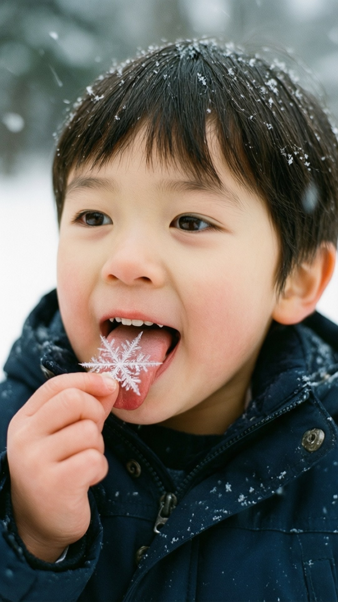 Child Catching Snowflake 壁紙 — 一個快樂的孩子在雪景中，將一片精緻的雪花放在舌頭上，露出燦爛的笑容。