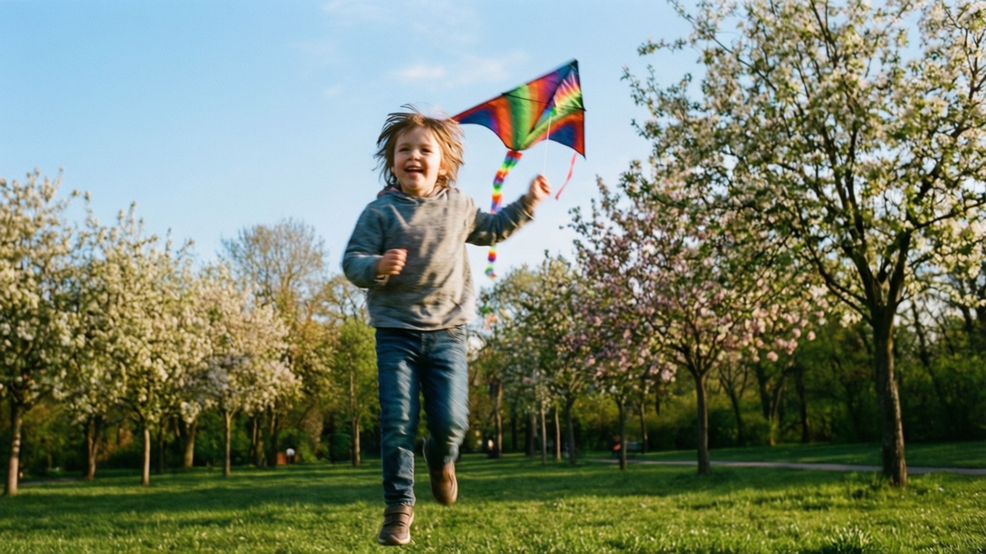 Kite Flying in March 壁紙 — 一個快樂的孩子在陽光明媚的公園裡跳躍，手持彩虹風箏，背景是盛開的樹木和藍天。