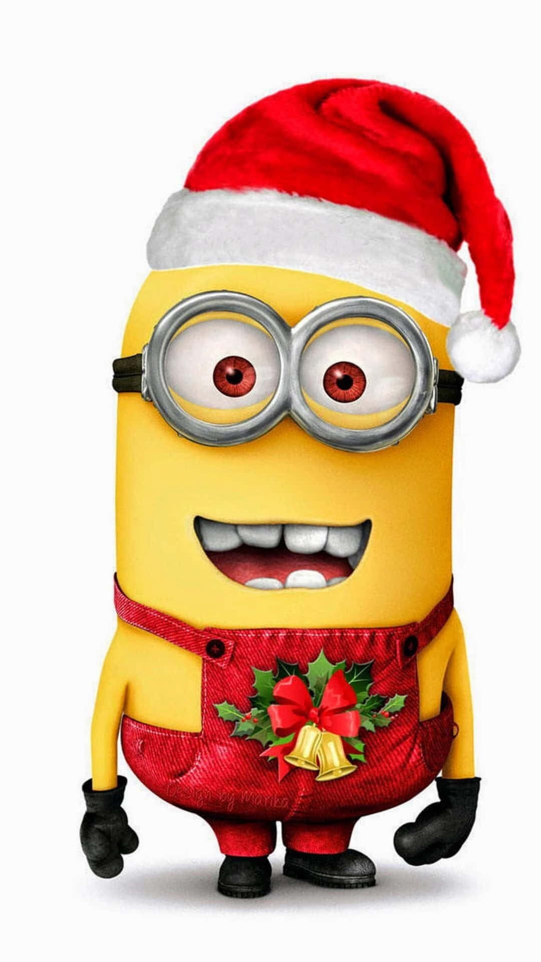  壁紙 — 一個快樂的黃色Minion戴著紅色聖誕帽和節日工裝褲，在純白色背景上燦爛地微笑。