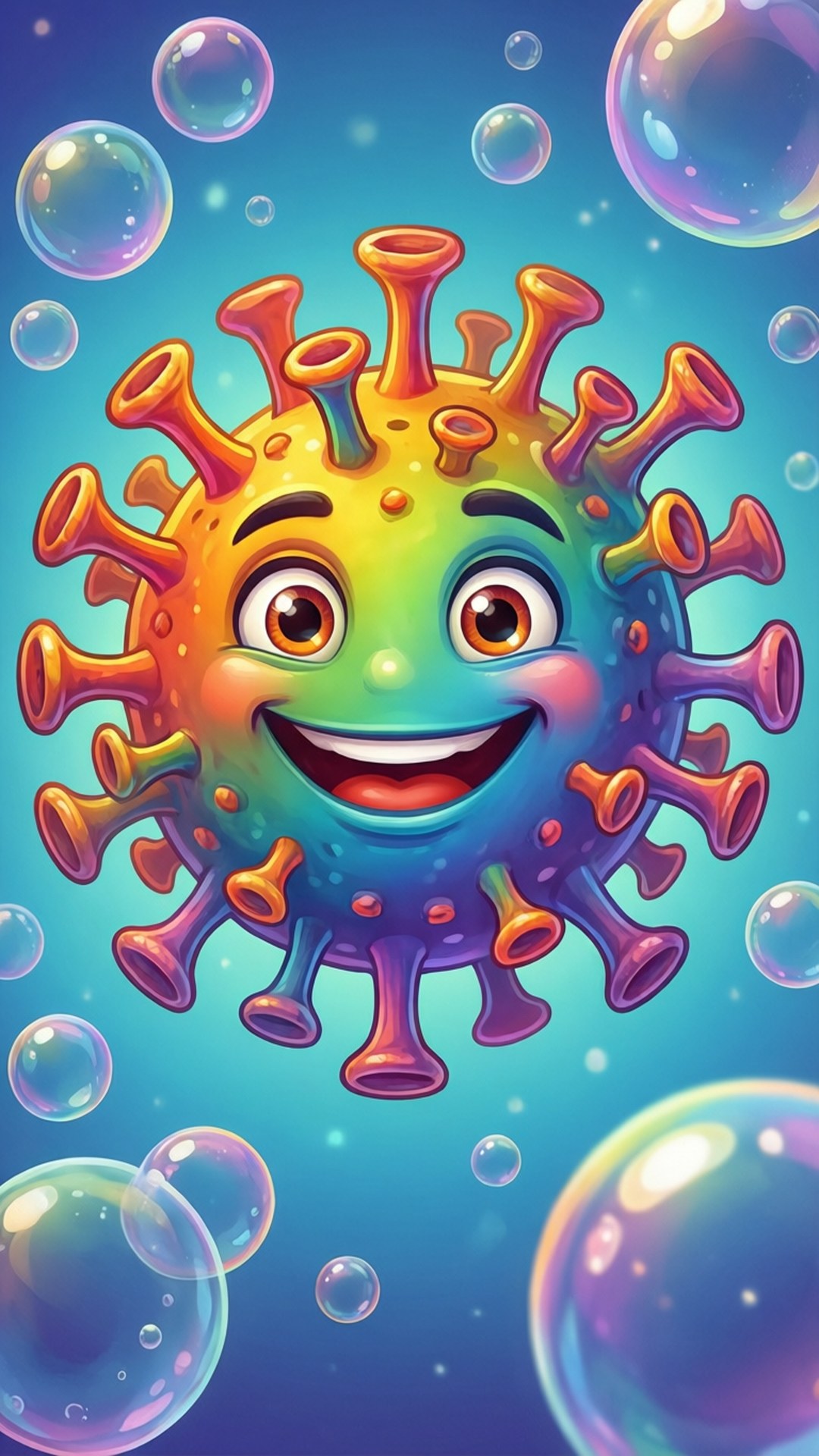 Playful Cartoon Virus 壁紙 — 一個快樂的卡通病毒，帶有彩虹色尖刺，在藍色漸變背景上漂浮的彩虹色氣泡中微笑。