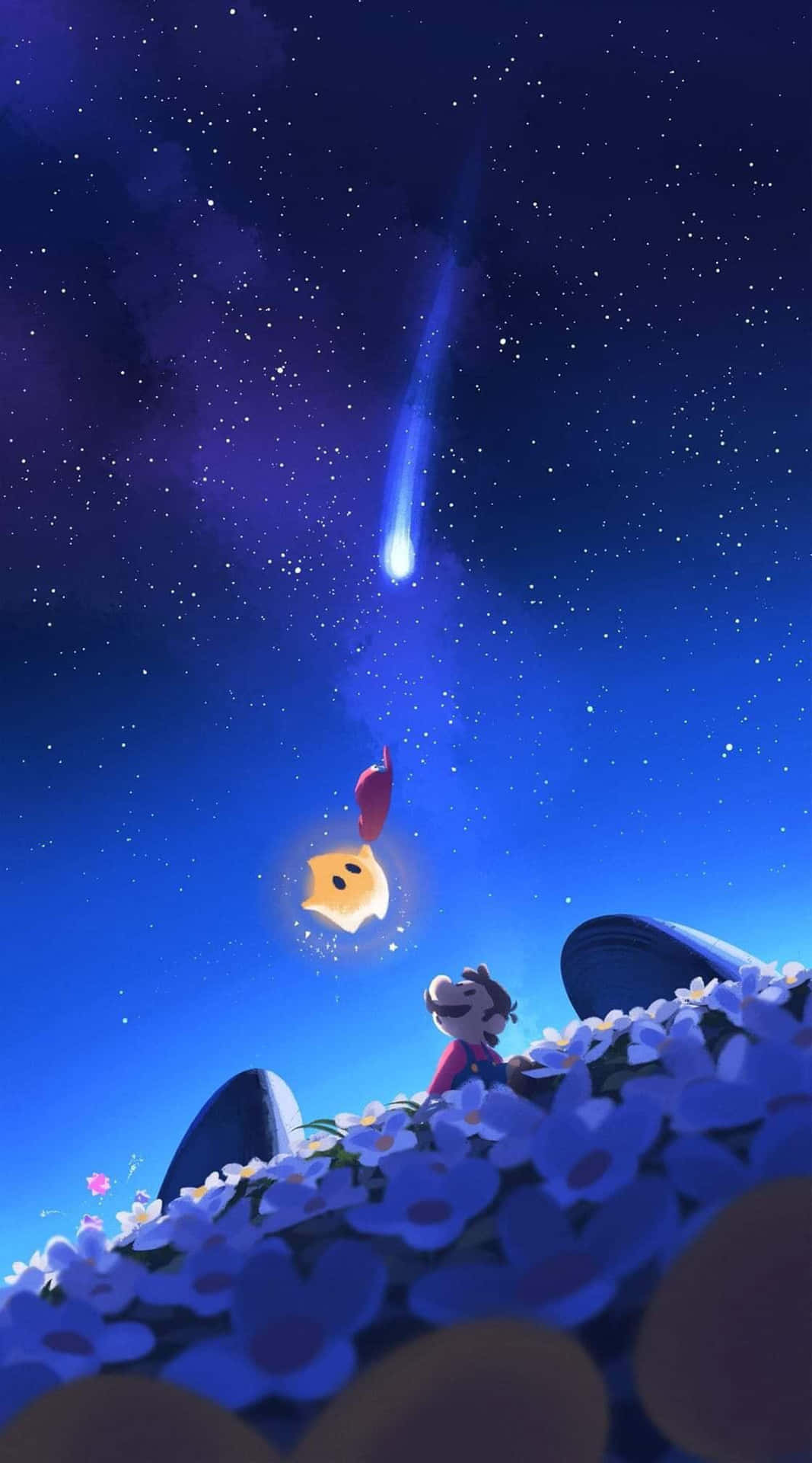  壁紙 — 一個快樂的卡通角色仰望一顆閃亮的彗星，劃過滿天星斗的夜空，下方是一片白色花田。