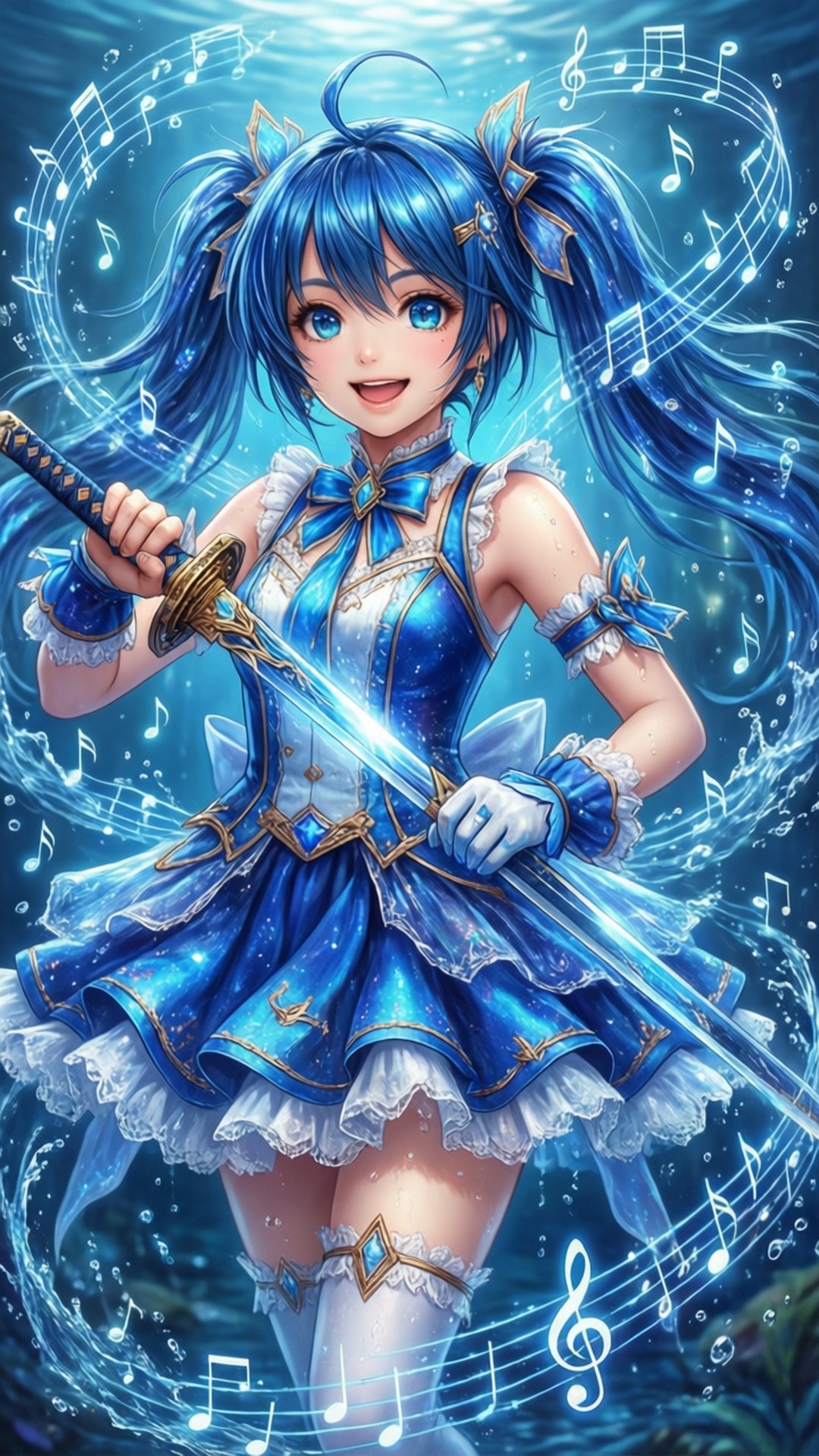 Swordswoman Sayaka 壁紙 — 一個快樂的藍髮動漫女孩穿著閃閃發光的藍色連衣裙，在水中揮舞著一把發光的劍，周圍漂浮著音樂音符。
