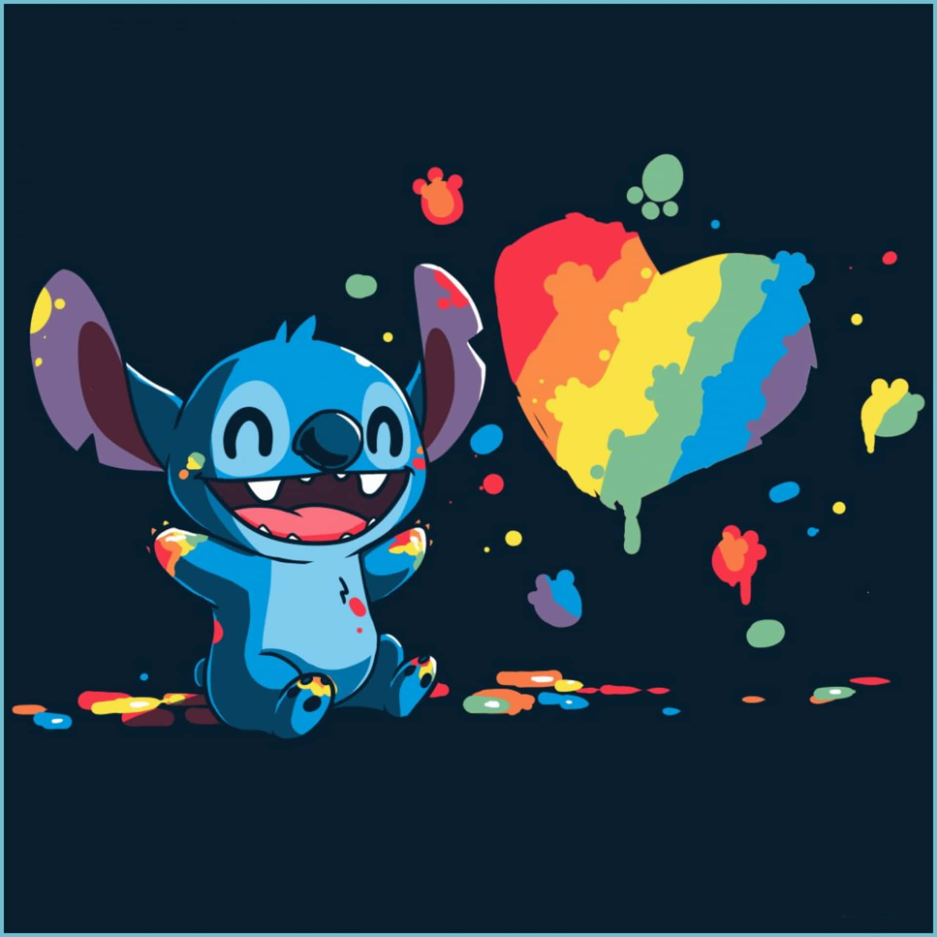藍色外星人角色身上佈滿油漆飛濺，旁邊有一個彩虹心。 — Stitch 壁紙