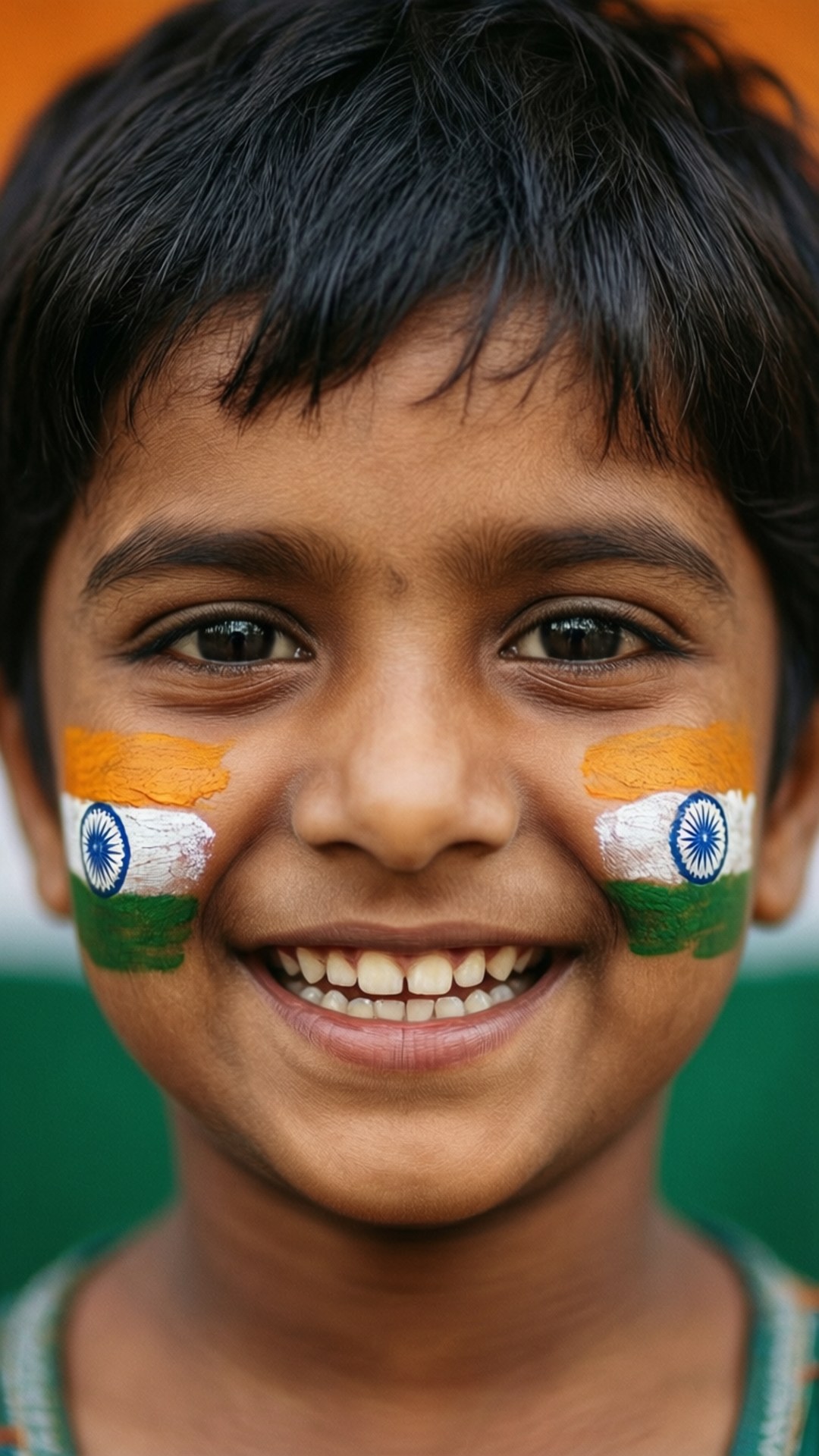 Tricolor Smile 壁紙 — 一個快樂的男孩臉上畫著印度國旗，在充滿活力的橙色和綠色背景前燦爛微笑。