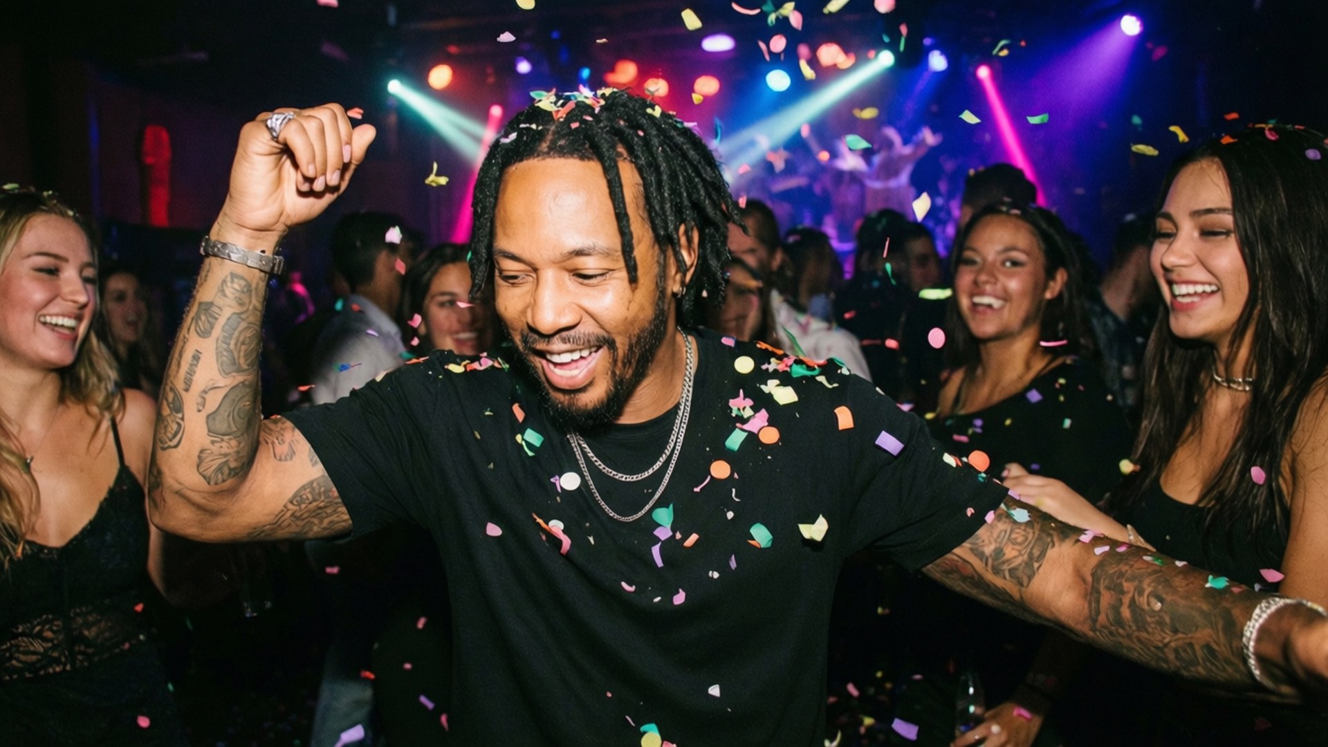 Party Time 壁紙 — 一個快樂的男人，留著辮子頭和刺青，在夜店跳舞，五彩紙屑在他周圍飄落。