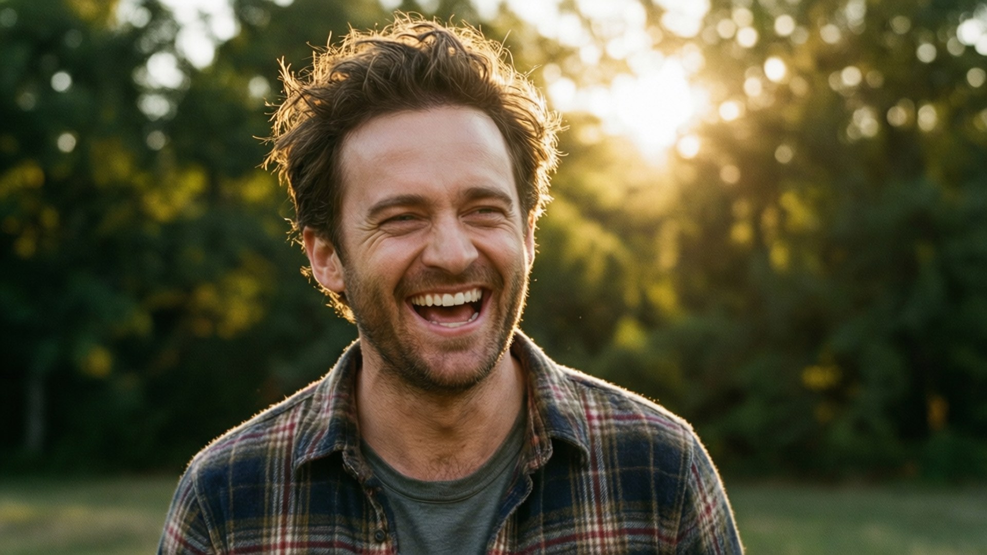 Candid Laugh in Sunlight 壁紙 — 一個快樂的男人在戶外開懷大笑，金色的陽光透過他身後的樹木灑落下來。