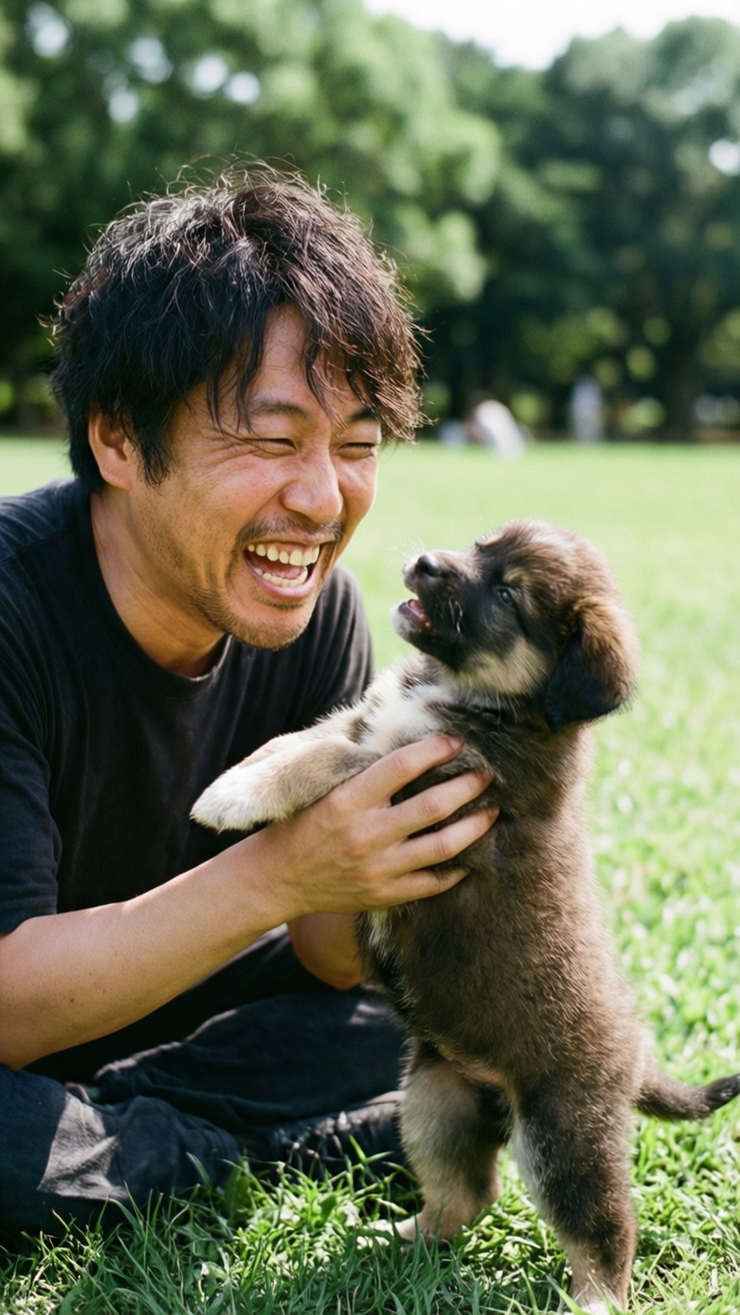 Joyful Puppy Love 壁紙 — 一個快樂的男人在陽光明媚的草地上笑著抱著一隻毛茸茸的棕色小狗。