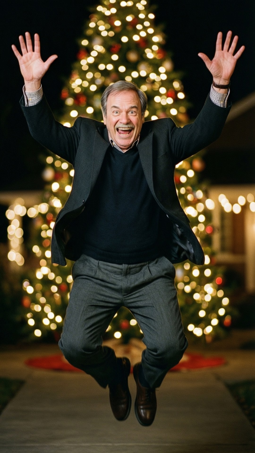 Clark Griswold 桌布 壁紙 — 一個快樂的男人在夜晚高舉雙臂，在明亮的聖誕樹前跳躍。