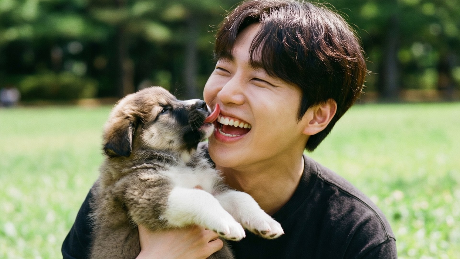 Puppy Love 壁紙 — 一個快樂的年輕人在陽光明媚的草地上大笑，一隻頑皮的小狗舔他的臉頰。