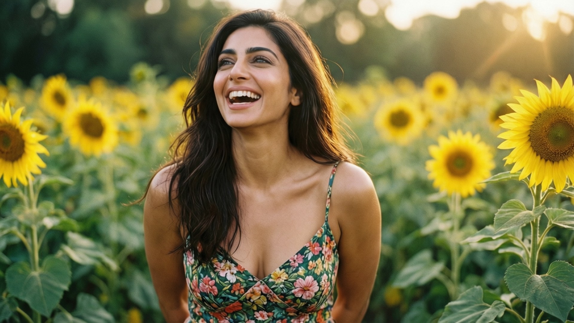 Sunflower Field 壁紙 — 一個快樂的女人在沐浴在金色日落光芒中的向日葵田裡閉著眼睛大笑。
