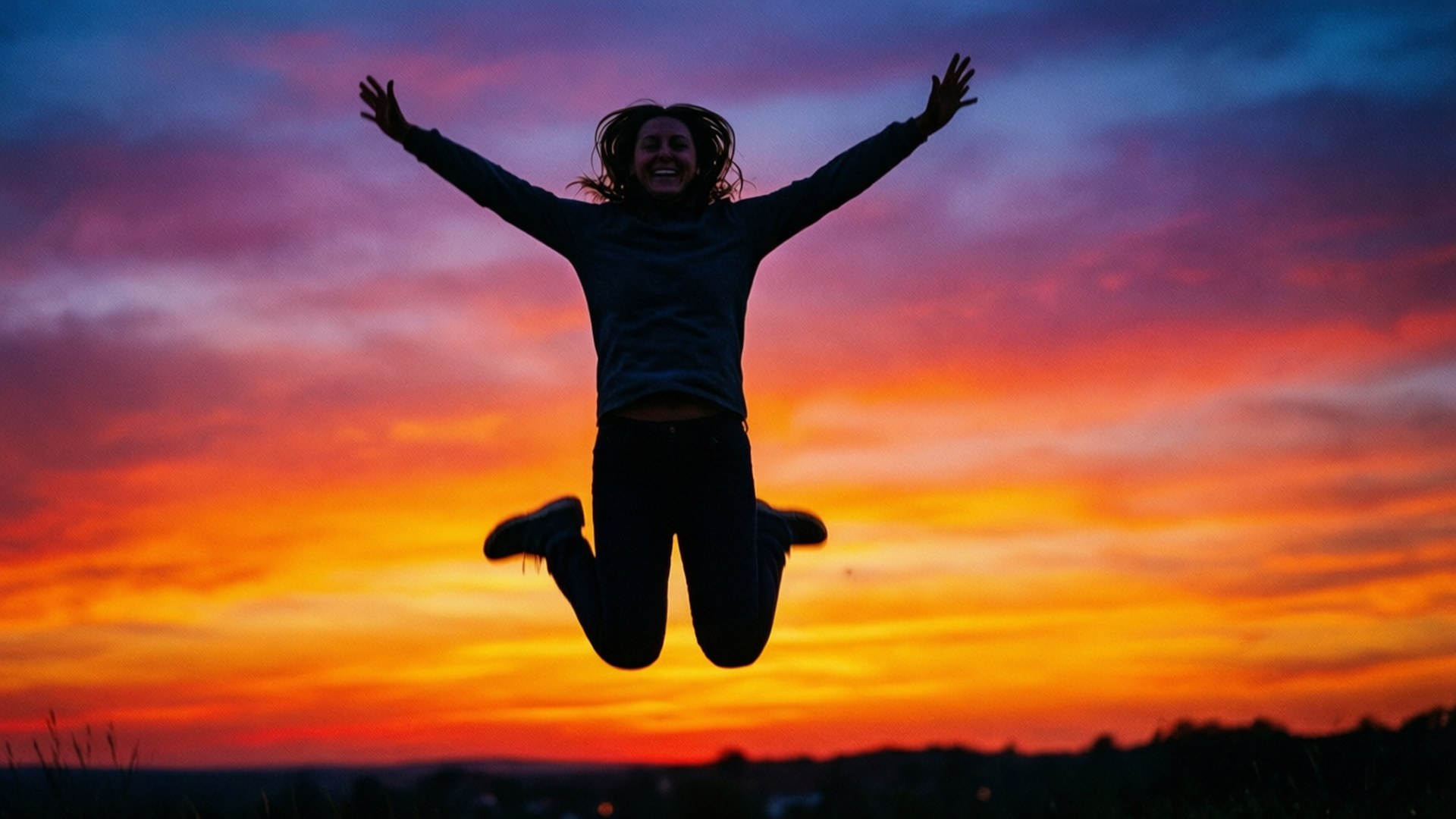 Joyful Sunset Jump 壁紙 — 一個快樂的人張開雙臂高高躍起，背景是充滿活力的日落天空，呈現火橙色和深紫色的色調。