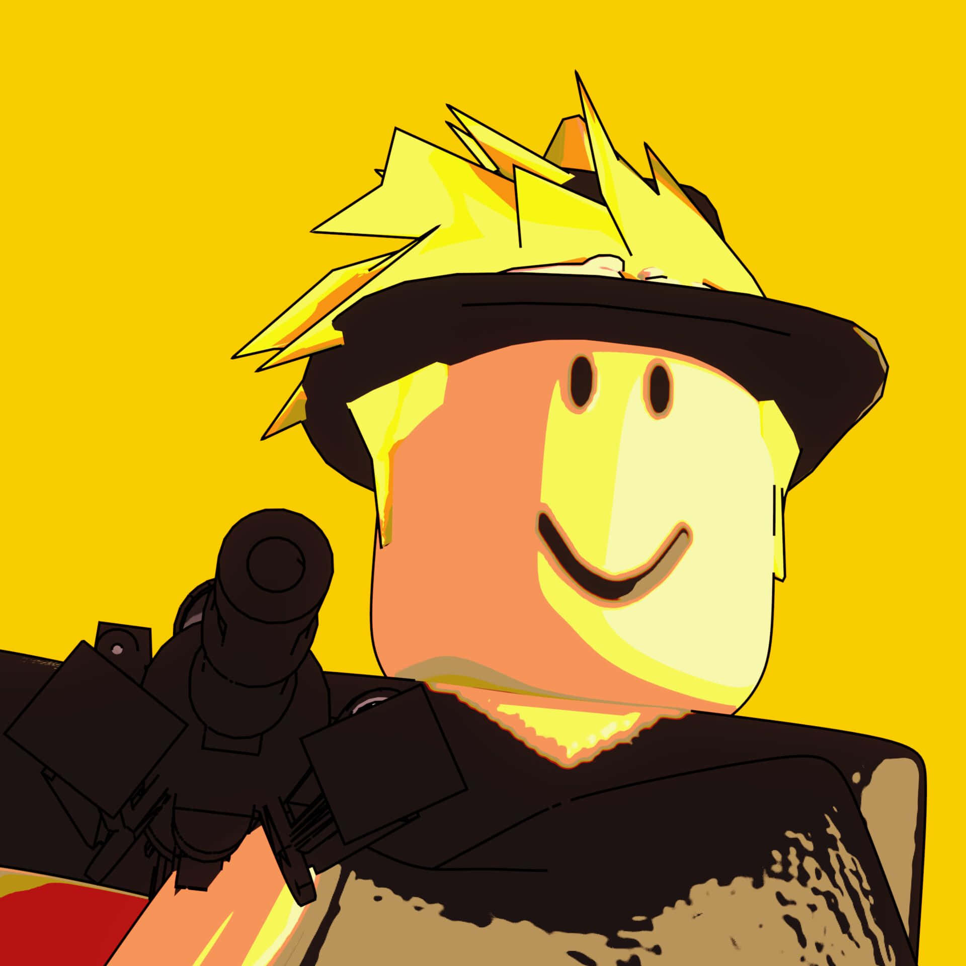 Roblox頭像，有著尖刺的黃色頭髮和黑色帽子，在黃色背景上拿著槍。 — Roblox 壁紙