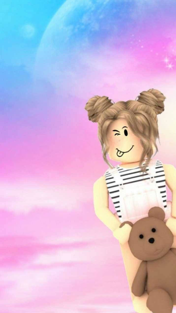 Roblox角色在彩色天空下抱著泰迪熊 — Roblox 壁紙