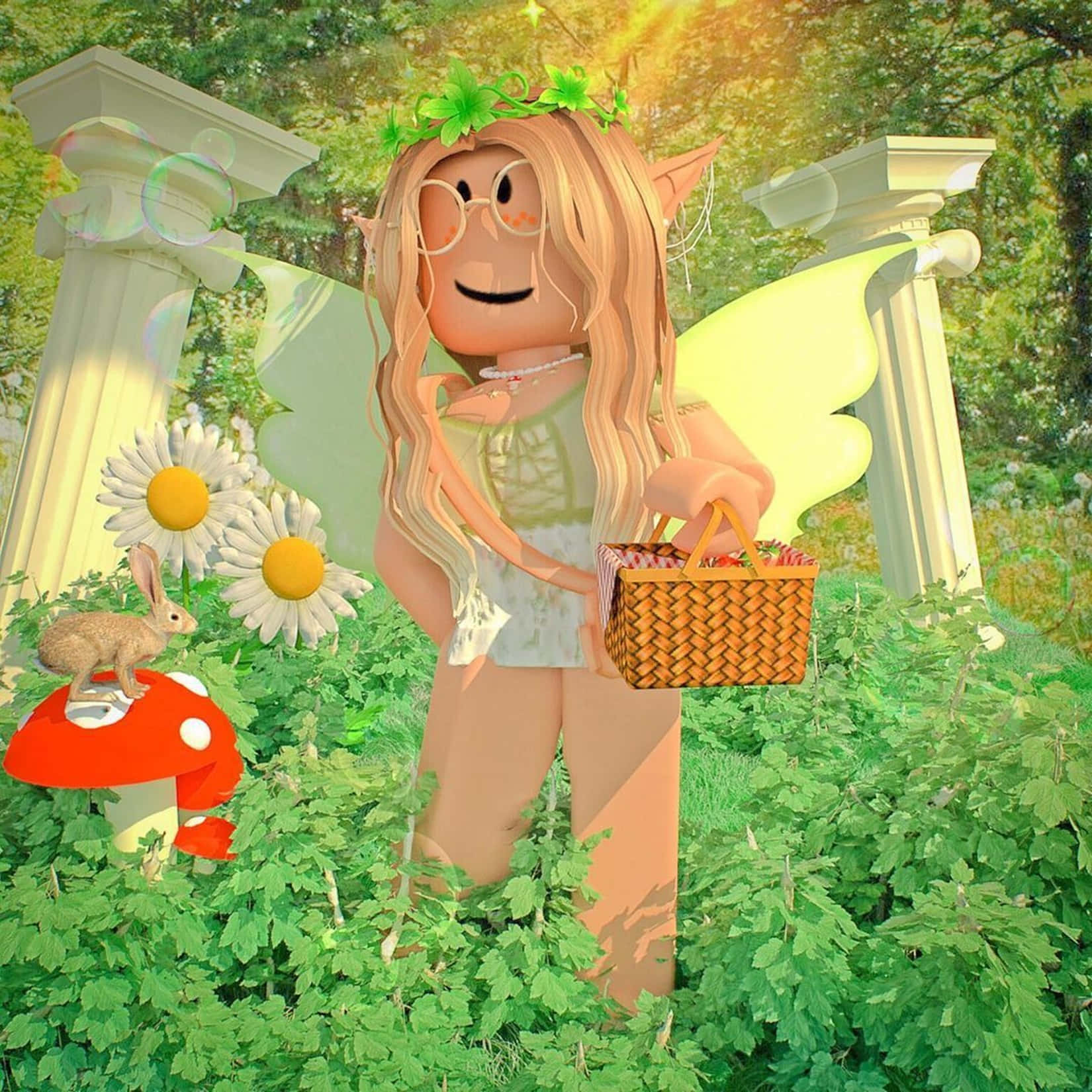 一個卡通仙子，有翅膀和籃子，在陽光明媚的花園裡，有兔子和蘑菇。 — Roblox 壁紙