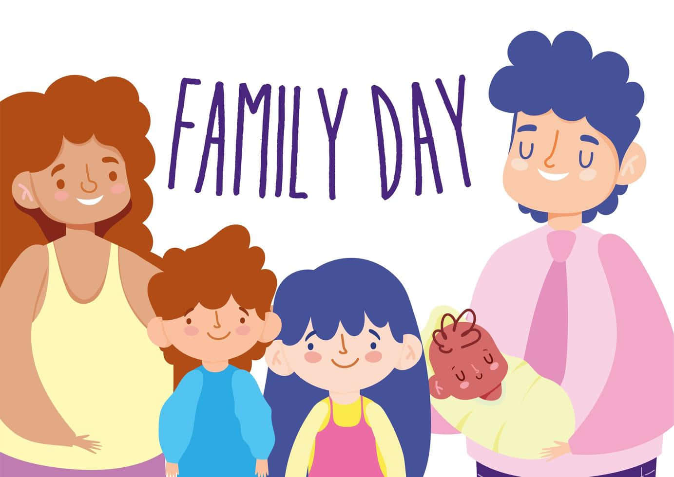  壁紙 — 一個快樂的四人家族卡通人物一起微笑，上面顯示著 FAMILY DAY 的文字。