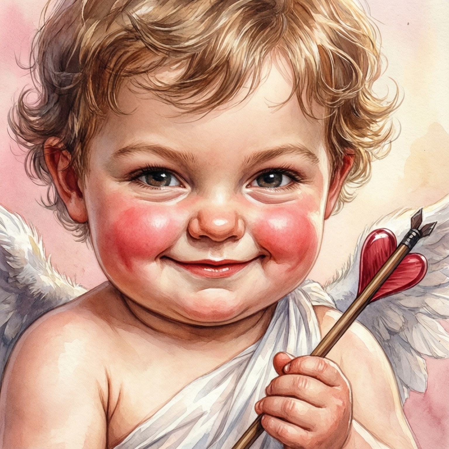 Cupid 桌布 壁紙 — 一個快樂的小天使，捲曲頭髮，玫瑰色臉頰，手持心形箭頭，身穿白布和天使翅膀。