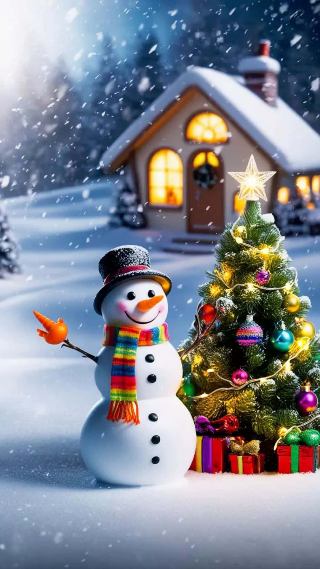  壁紙 — 一個快樂的雪人戴著彩虹圍巾，站在一間被雪覆蓋的房子前，旁邊有一棵發光的聖誕樹，在夜晚中。