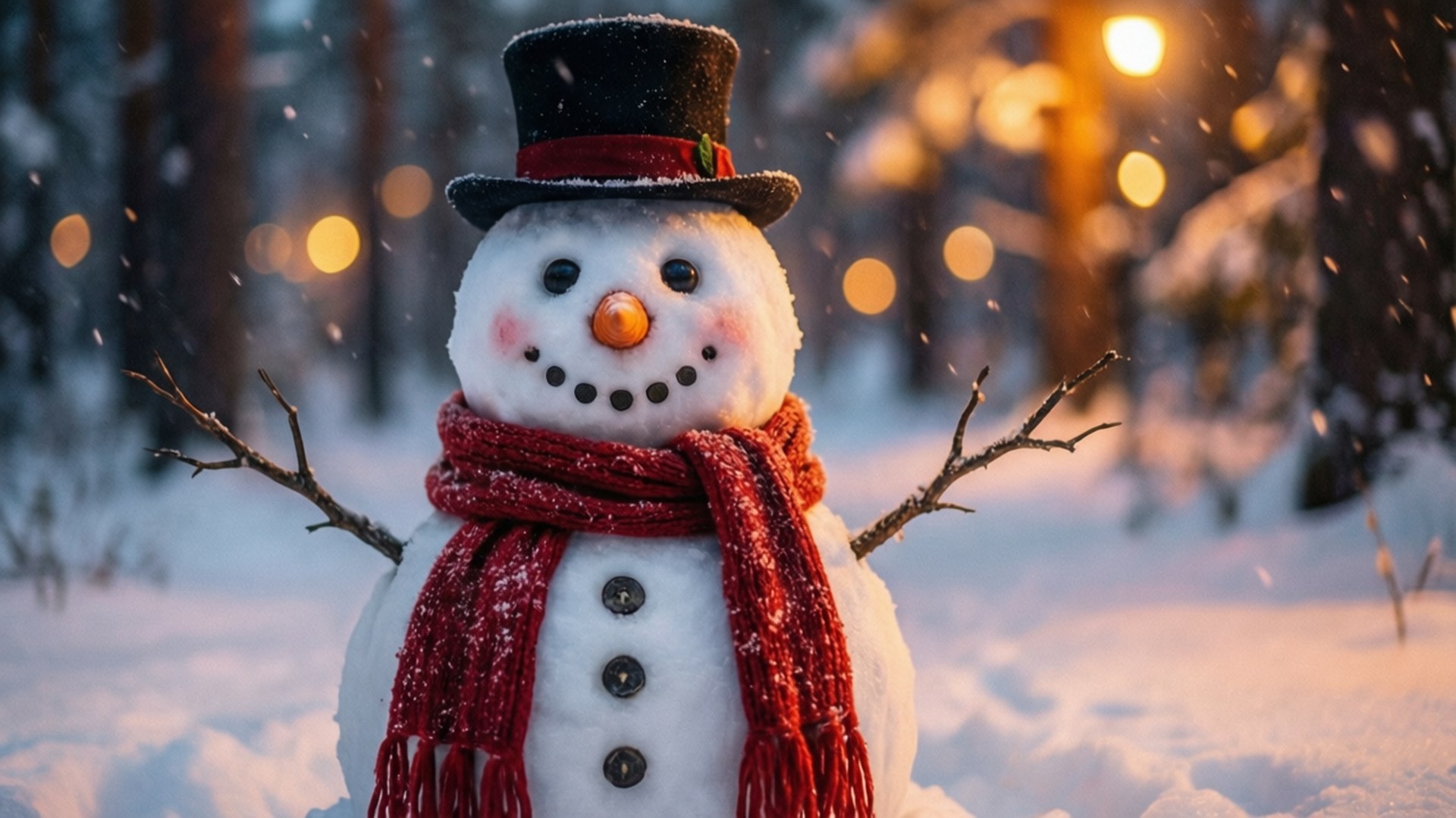 Twilight Snowman in Forest 壁紙 — 一個快樂的雪人戴著黑色高帽和紅色圍巾，站在雪地森林中，背景有溫暖的散景燈光。