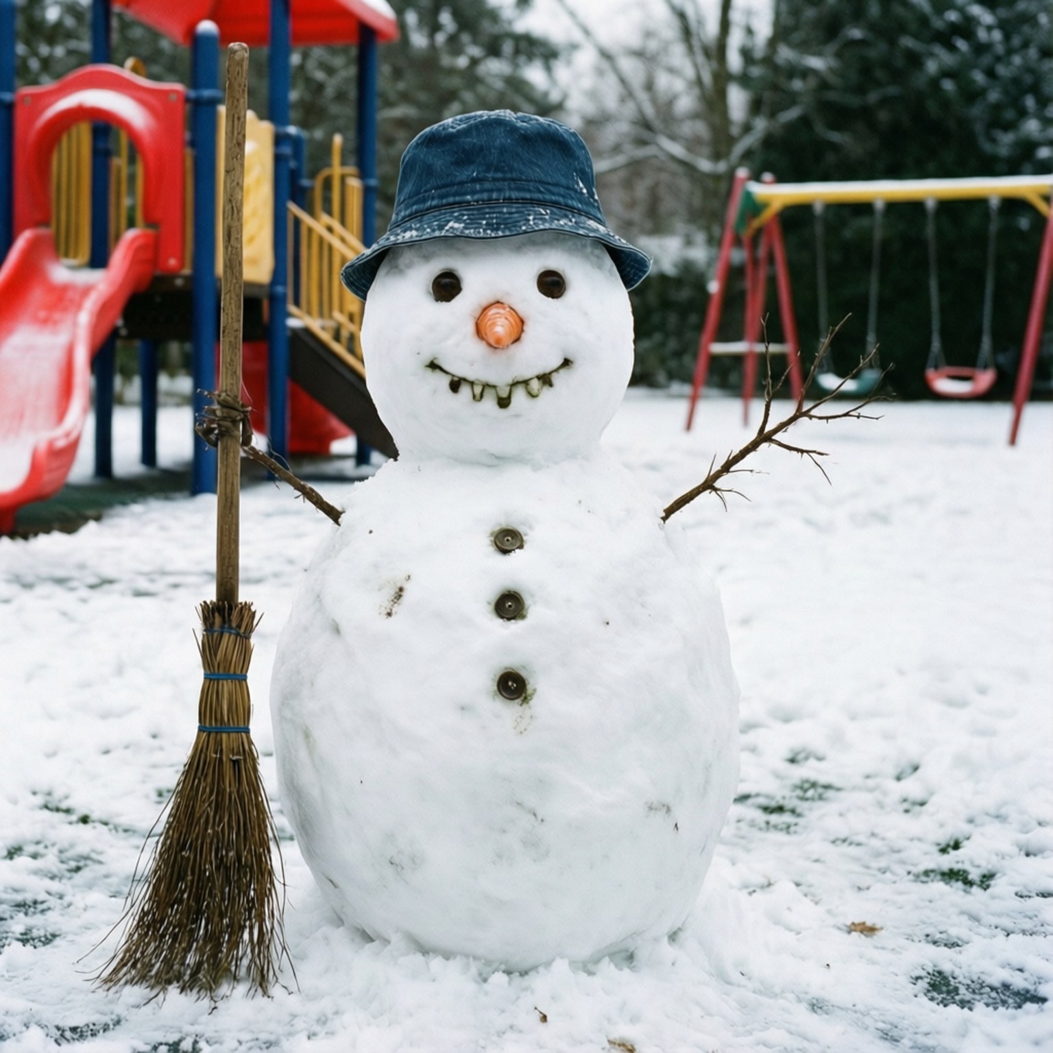 Playground Snowman 壁紙 — 一個快樂的雪人，戴著牛仔帽，胡蘿蔔鼻子，樹枝手臂，站在雪地遊樂場，拿著掃帚。
