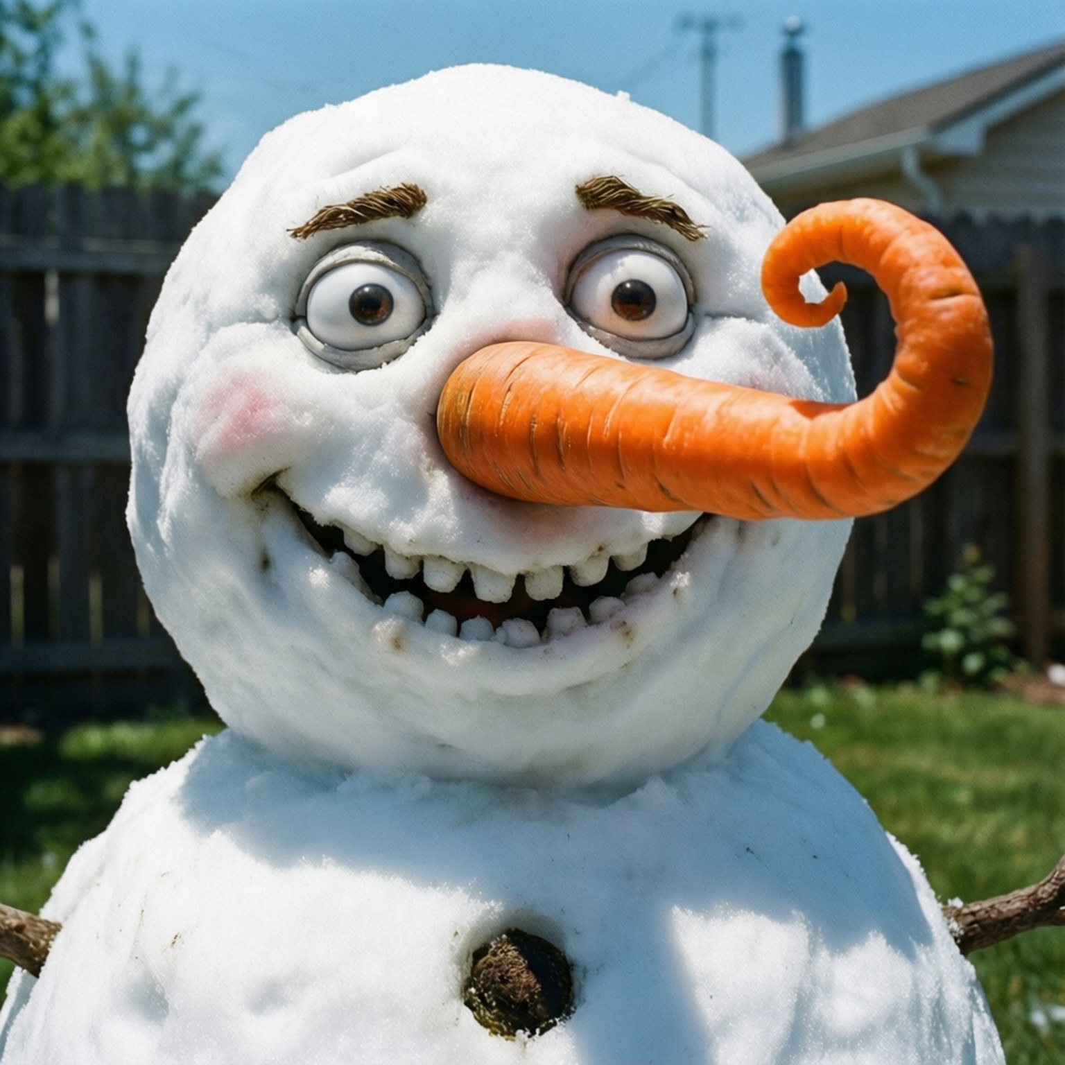 Silly Long-Nose Snowman 壁紙 — 一個快樂的雪人，有胡蘿蔔鼻子和樹枝手臂，在陽光明媚的後院燦爛地微笑。