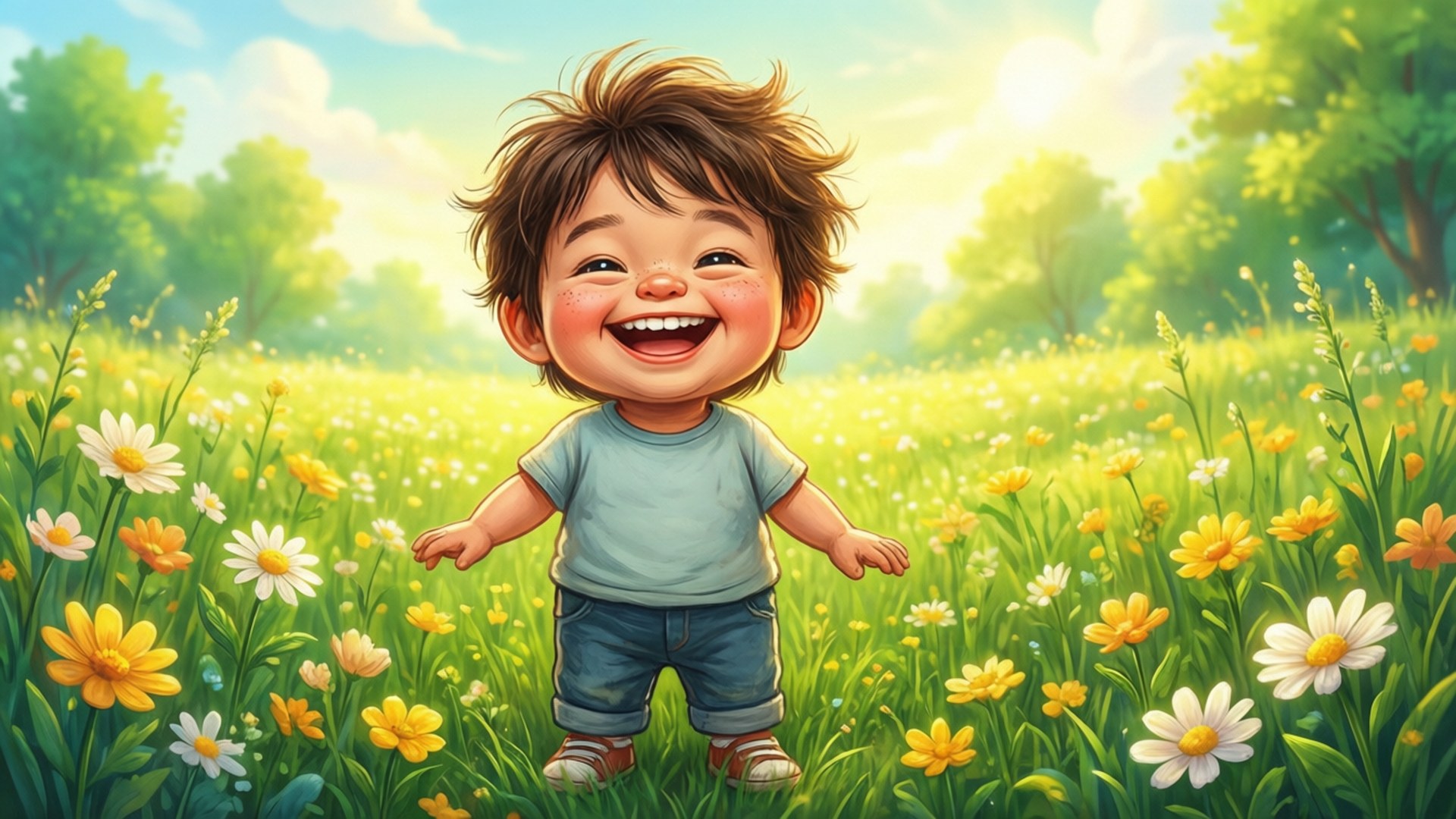 Takopi's Original Sin 桌布 壁紙 — 一個快樂的幼兒，亂糟糟的棕色頭髮，在陽光明媚的草地上，周圍是黃色和白色的雛菊，笑得燦爛。