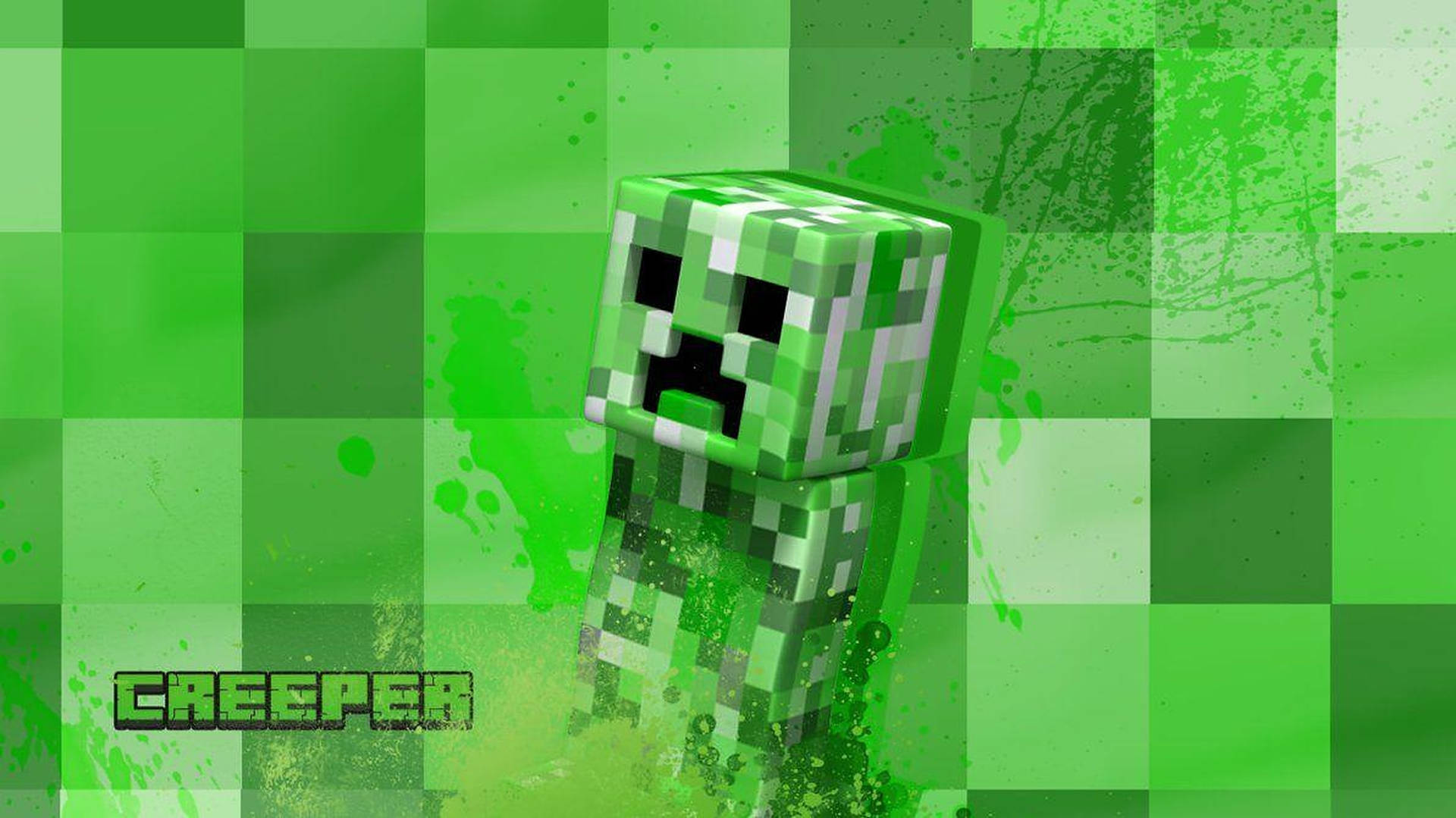 一個來自Minecraft的綠色像素爬行者角色，在格子背景上帶有飛濺效果。 — 我的世界苦力怕 壁紙