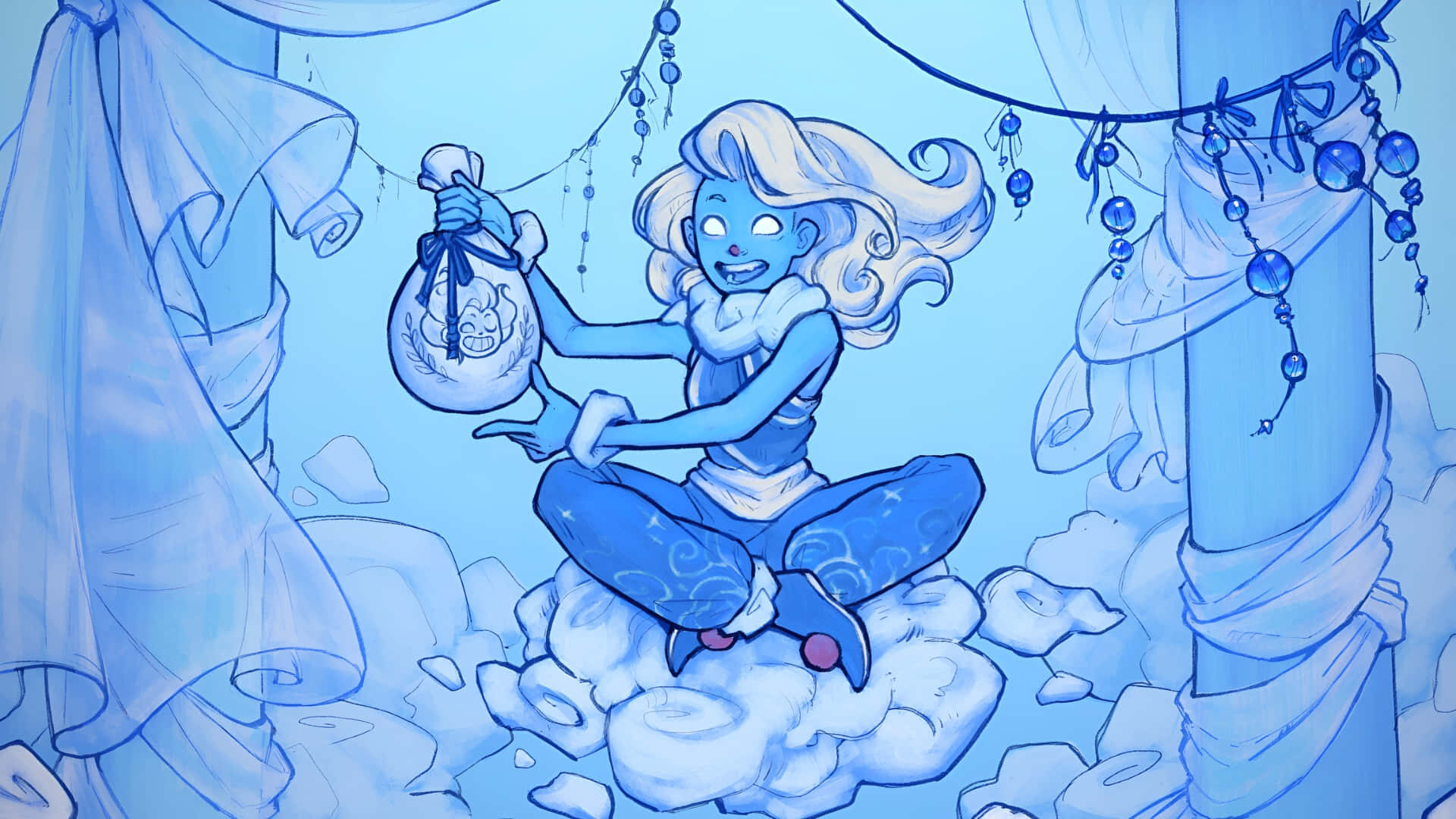  壁紙 — 一個藍皮膚的金髮動漫女孩盤腿坐在雲上，在串起的藍色珠子下拿著一袋硬幣。