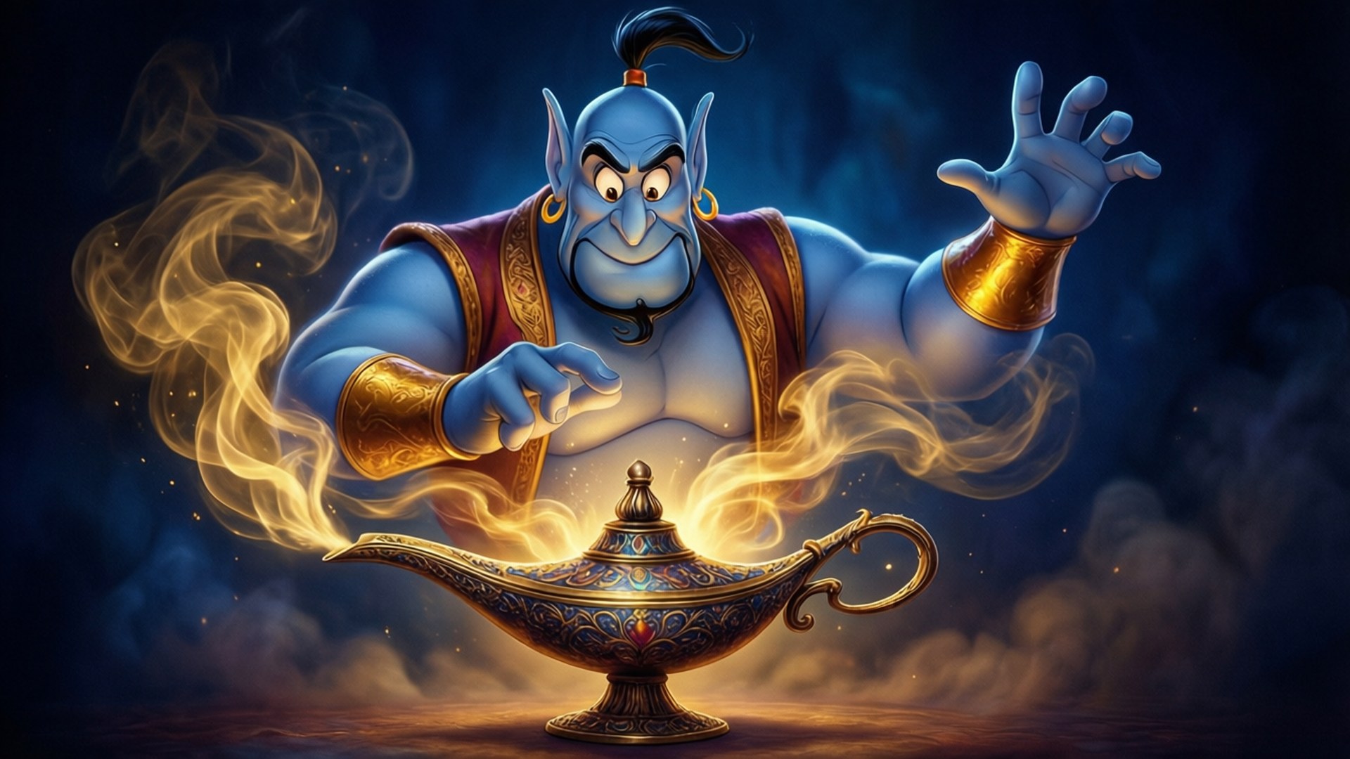 Genie 桌布 壁紙 — 一個藍色精靈戴著金色手鐲，從一個華麗的燈中爆發出來，周圍環繞著旋轉的金色煙霧，背景是黑暗神秘的。