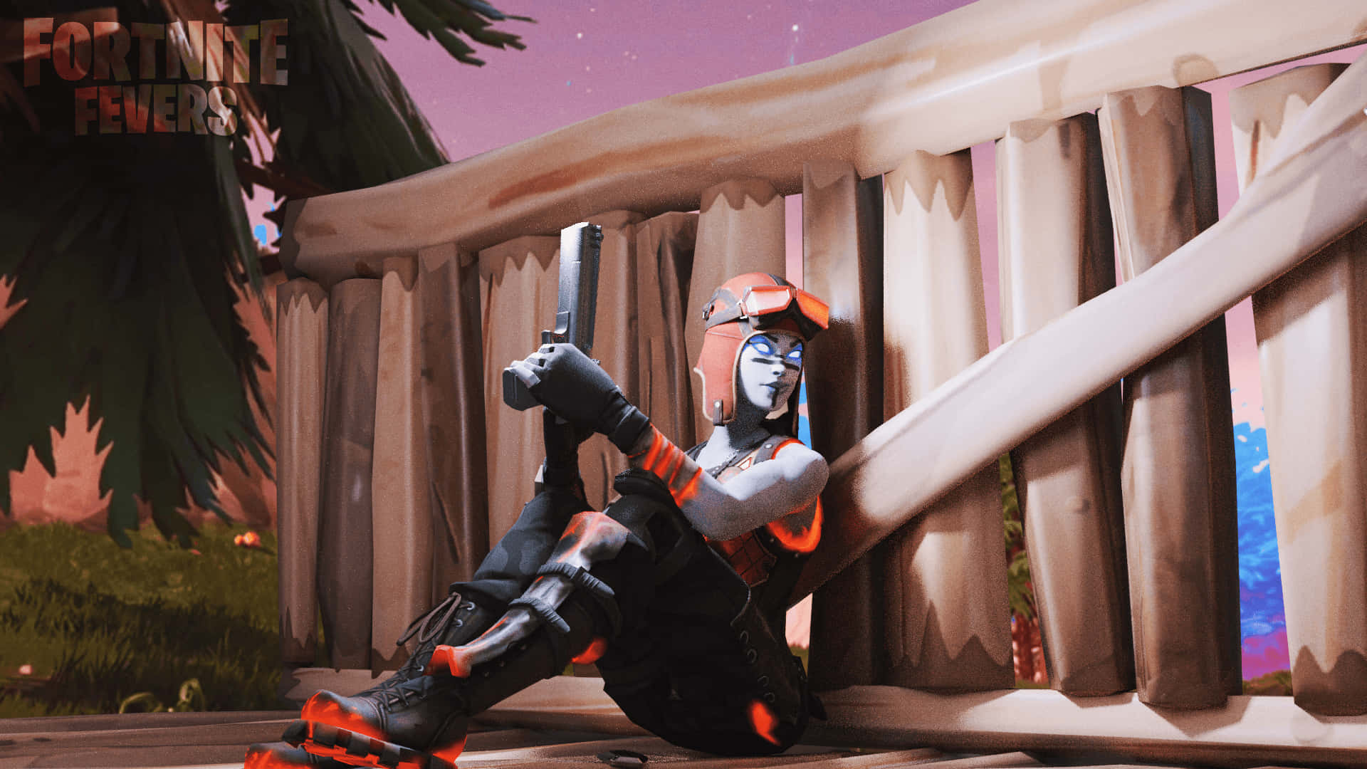 藍色皮膚、橙色裝備的 Fortnite 角色在黃昏時靠近木柵欄手持手槍。 — Fortnite 壁紙