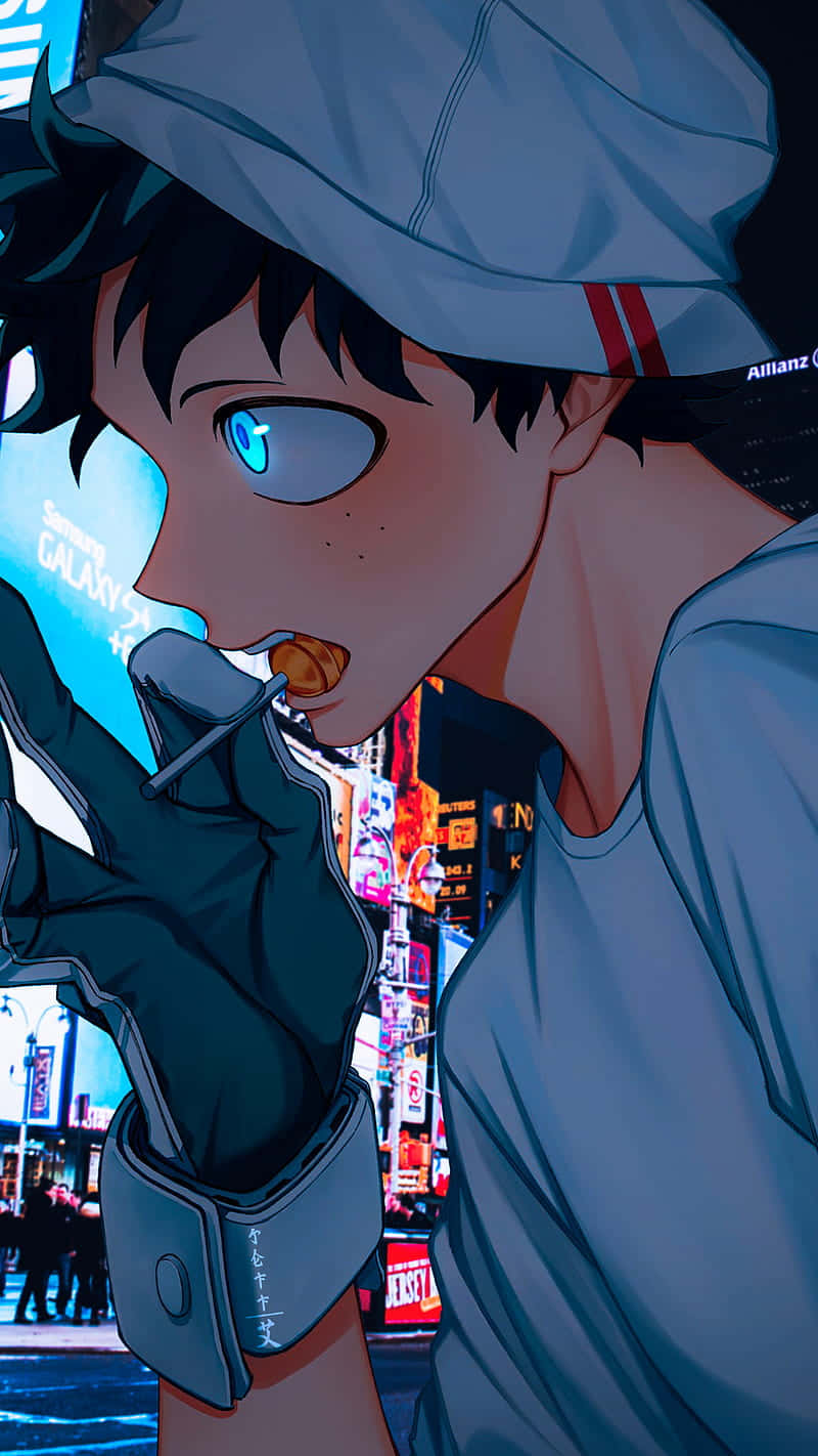  壁紙 — 一個藍眼動漫男孩戴著帽子，在霓虹燈照亮的夜景中吃零食。