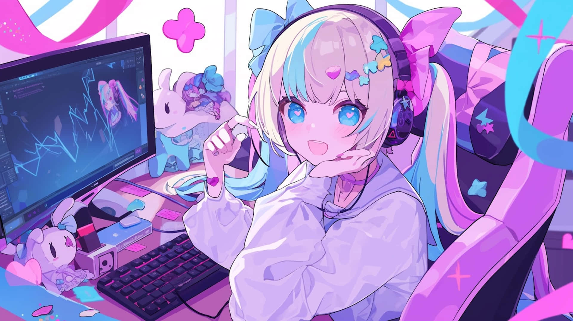 Needy Streamer Overload 桌布 壁紙 — 一個藍眼睛、粉紅色頭髮的開朗動漫女孩坐在發光的遊戲桌前，周圍環繞著毛絨玩具和充滿活力的粉紅色絲帶。
