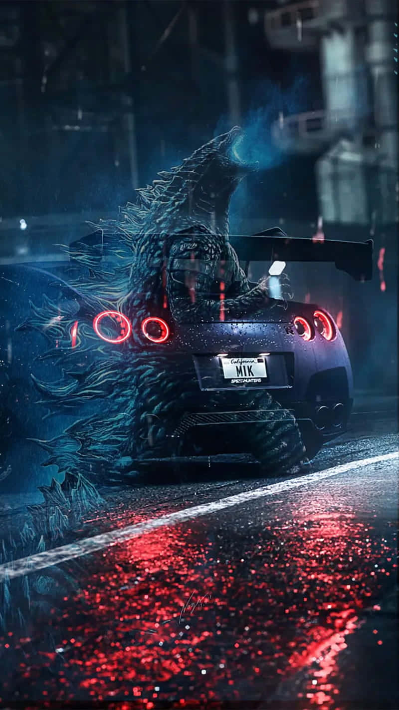 哥吉拉從一輛黑色跑車中出現，在雨天的城市街道上，帶有紅色霓虹反射。 — 吉他 iPhone 壁紙