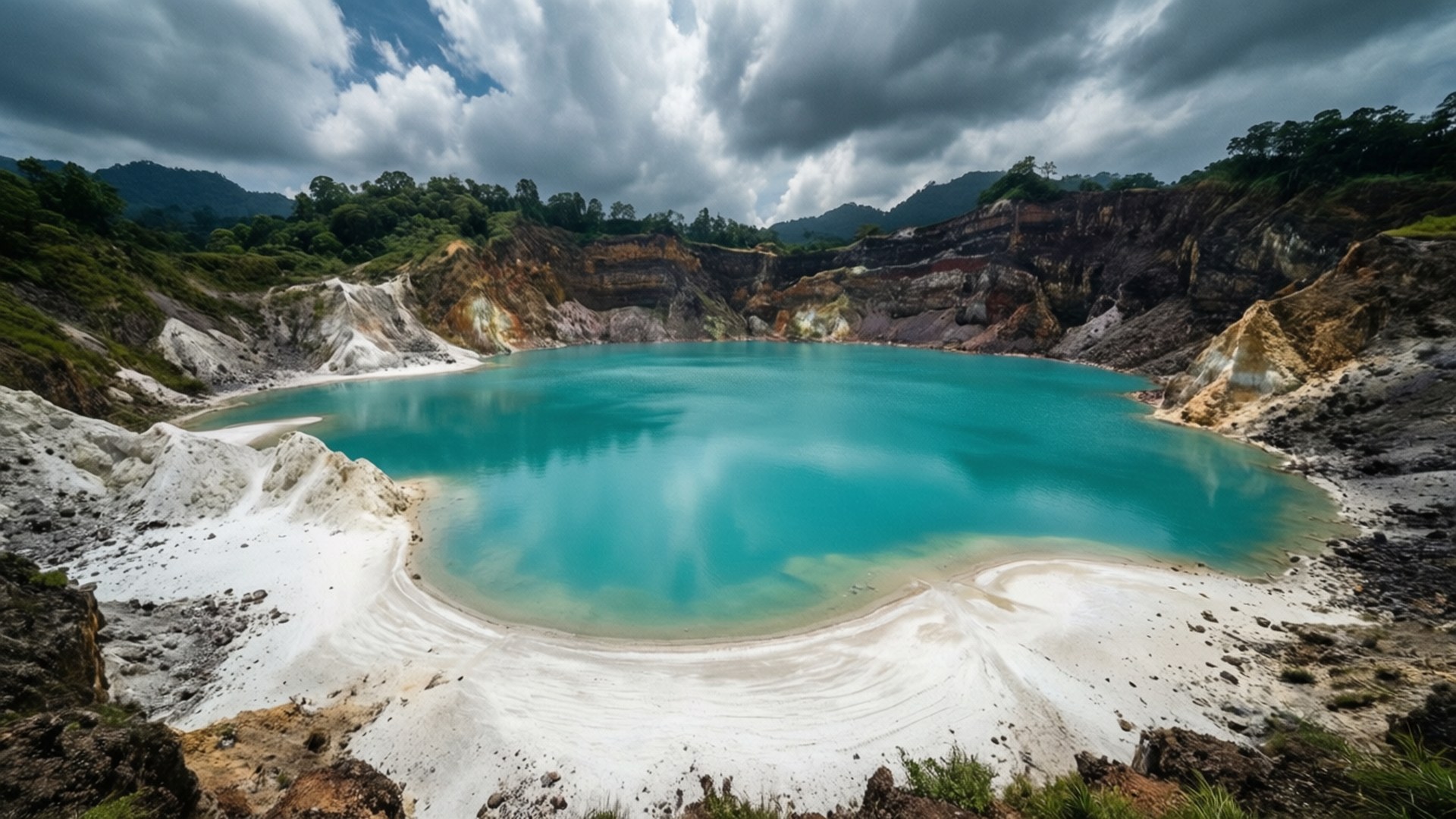 Kawah Putih Crater Lake 壁紙 — 一個令人驚嘆的綠松石色火山口湖，周圍環繞著白色沙灘和崎嶇的土質懸崖，上方是戲劇性的多雲天空。