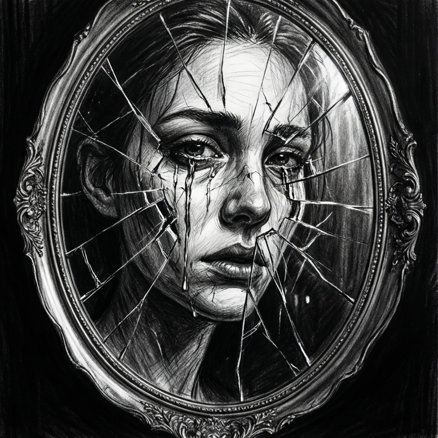 Shattered Reflection 壁紙 — 一個令人難忘的黑白肖像，描繪一個淚流滿面的女人臉龐映在破碎的華麗鏡子中。