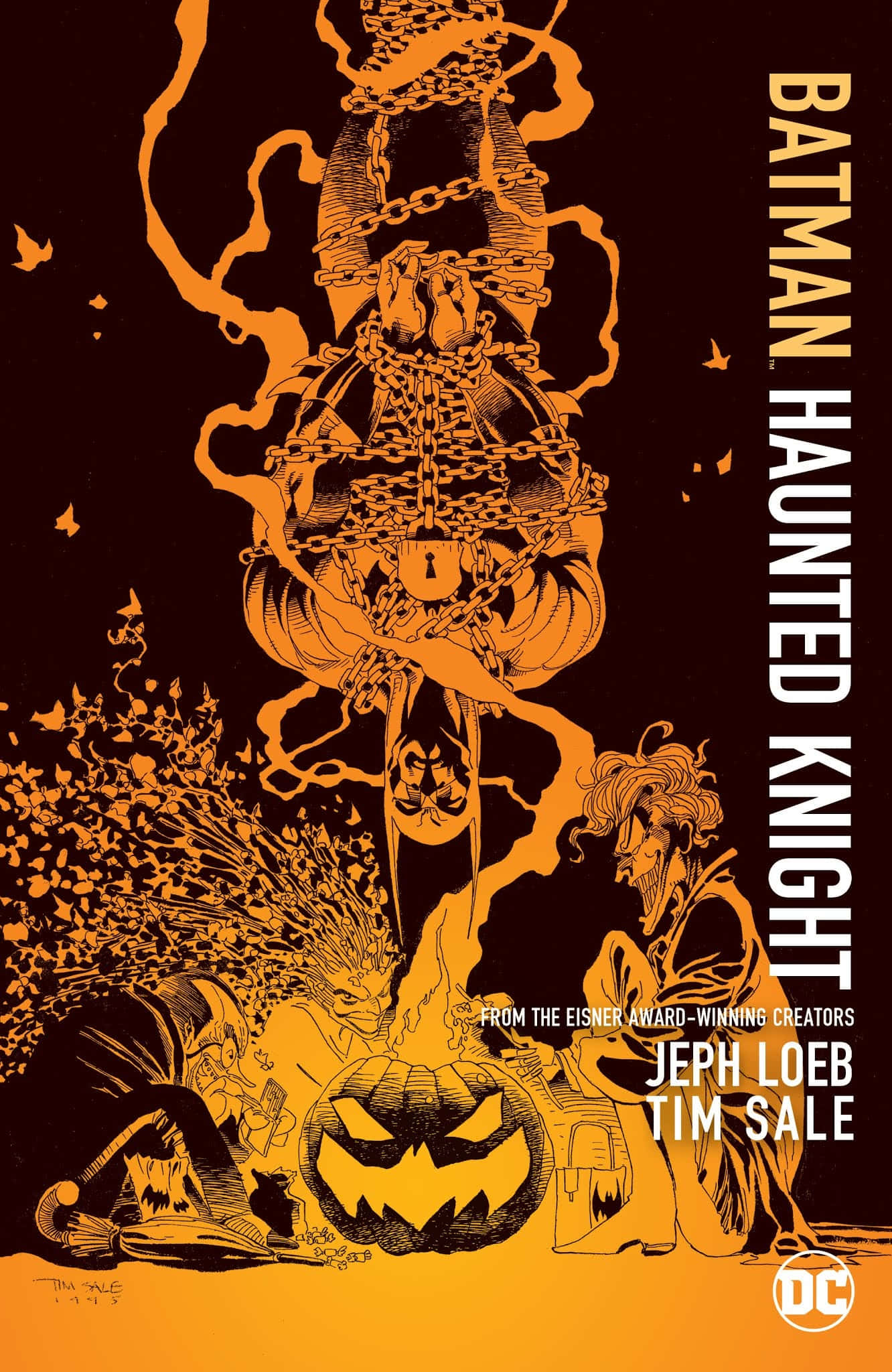 Haunted Knight 桌布 壁紙 — 一個令人難忘的漫畫封面，蝙蝠俠被鎖鏈束縛在一個南瓜頭的折磨中，周圍環繞著蝙蝠和一個咧嘴笑的傑克南瓜燈。