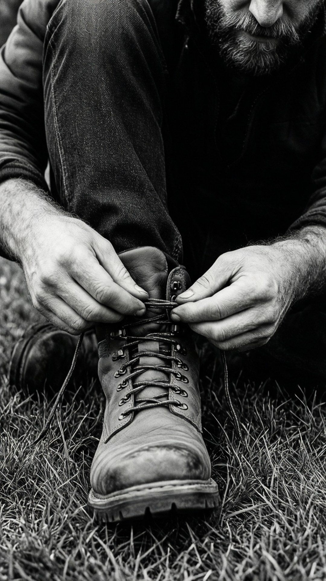 Laced Up 壁紙 — 一個留鬍鬚的男人穿著黑白衣服，跪在草地上繫著堅固靴子的鞋帶。