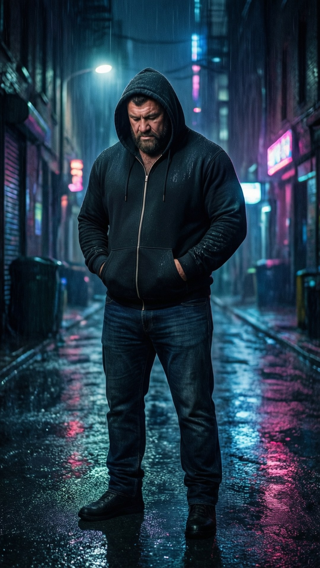 Urban Fighter 壁紙 — 一個留鬍鬚的男人穿著黑色連帽衫，夜晚獨自站在霓虹燈照亮、雨水浸濕的小巷中。