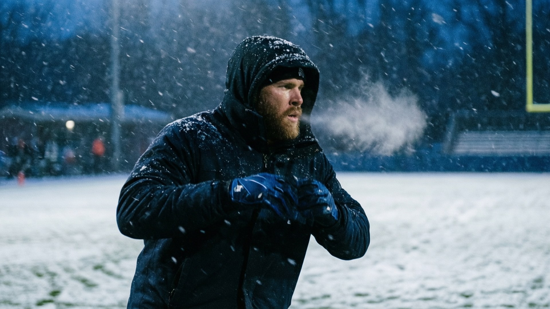 Snow Game Josh Allen 壁紙 — 一個留鬍鬚的男人穿著黑色連帽外套，在冰凍的田野上向雪空中呼出暖氣。