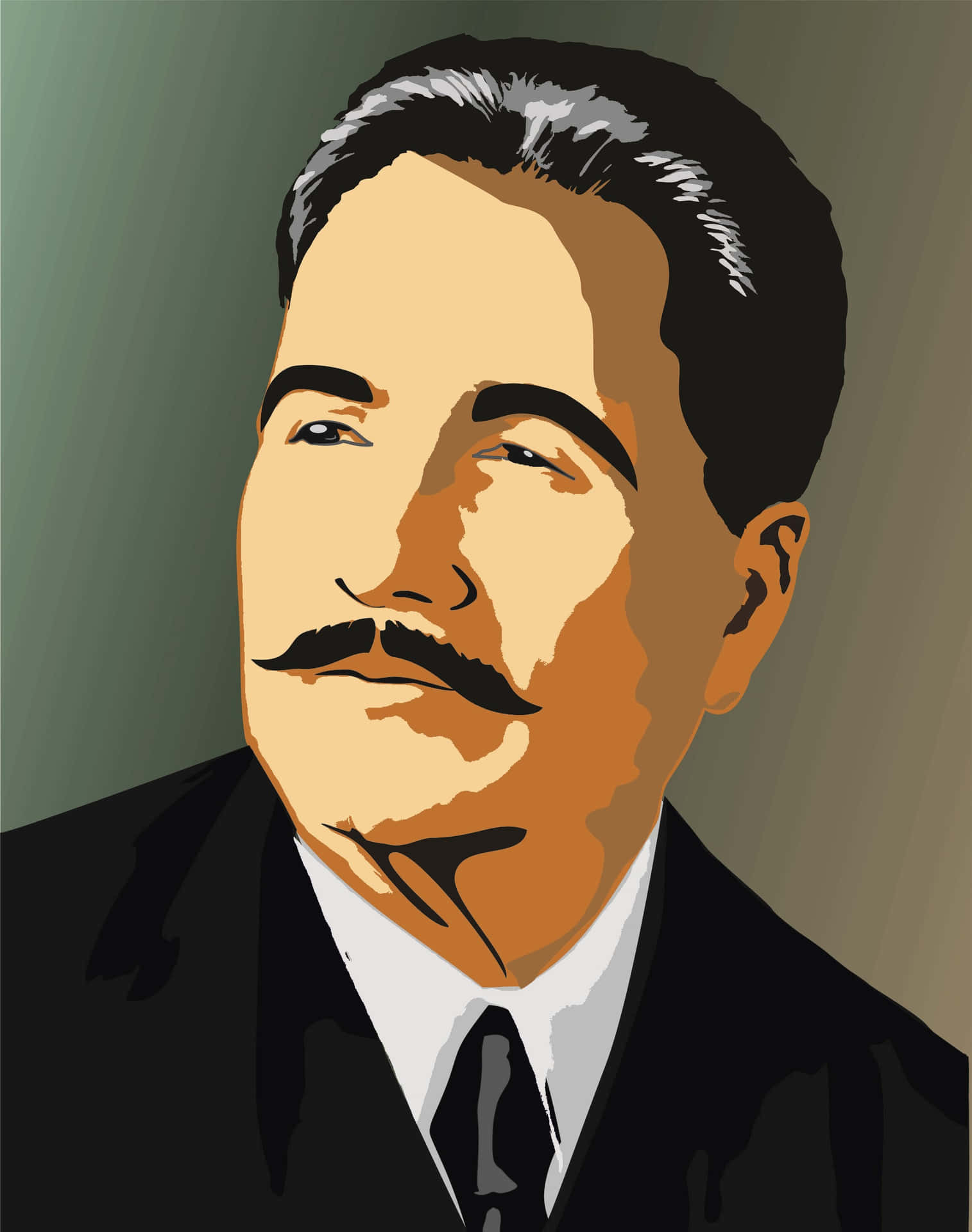  壁紙 — 一個留鬍鬚的男人穿著西裝打領帶，在柔和的綠色背景下的風格化肖像。