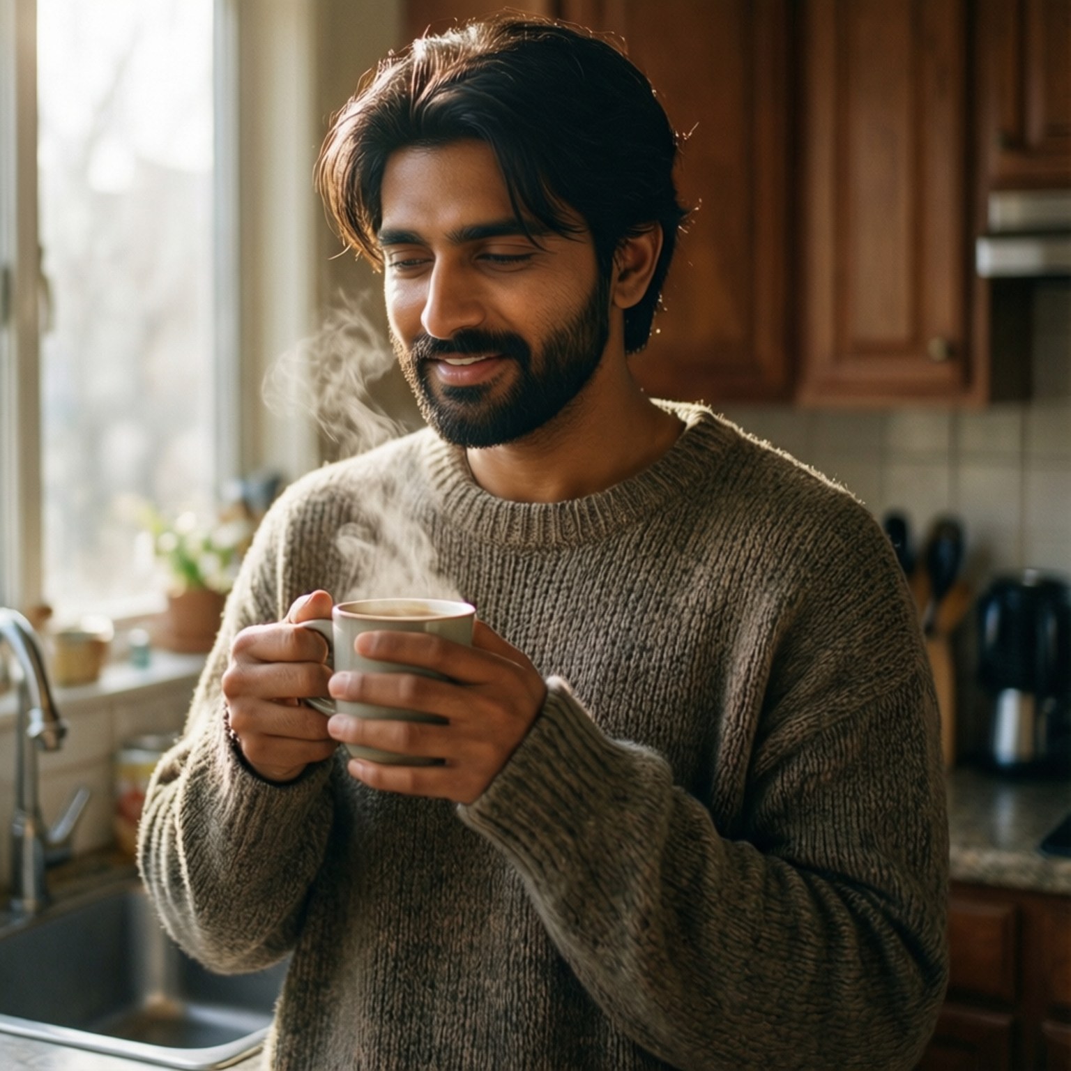 Morning Coffee 壁紙 — 一個留鬍鬚的男人在陽光照耀的廚房裡，拿著冒熱氣的杯子，溫柔地微笑。