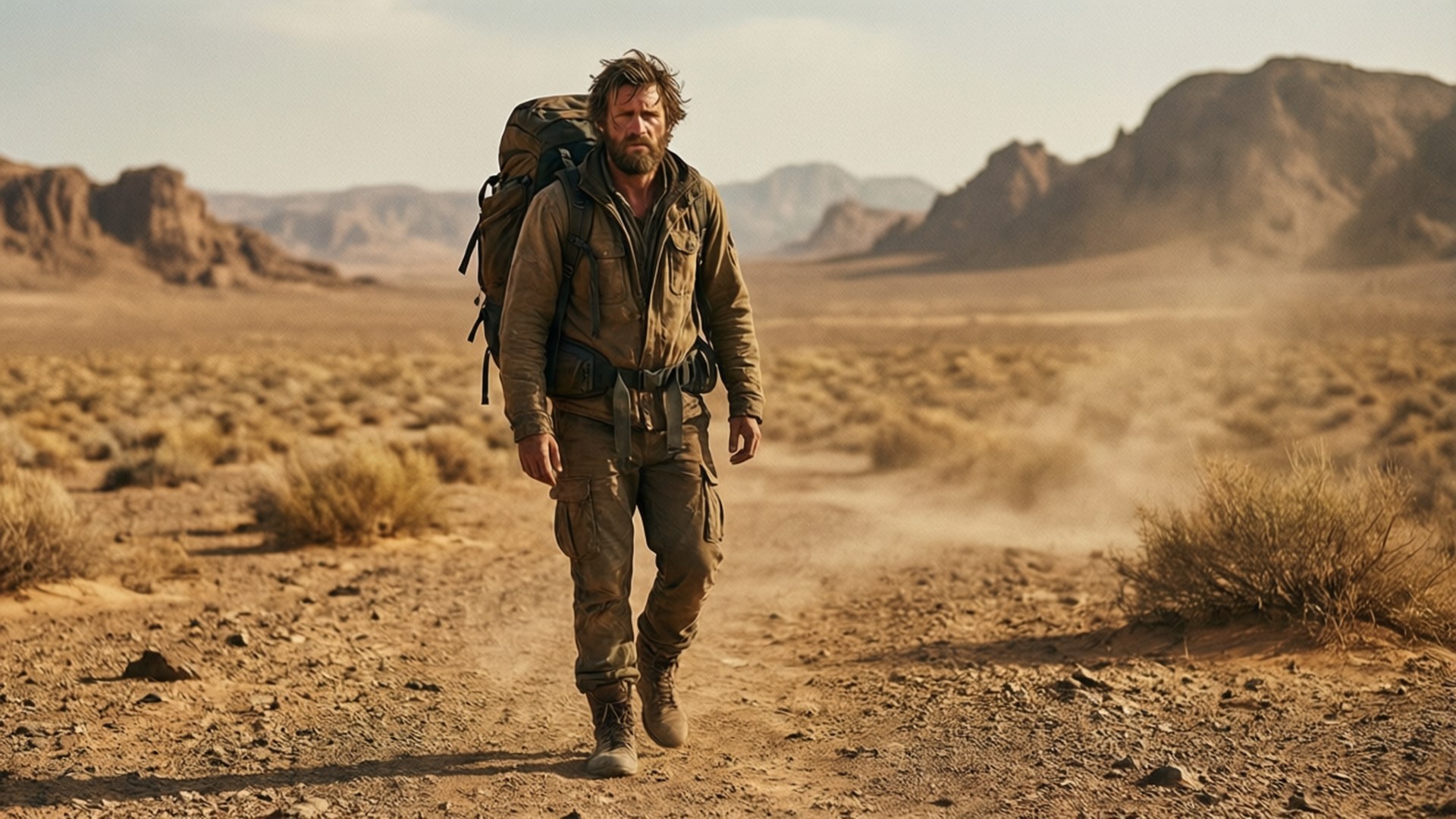 Nomad Joe in the Desert 壁紙 — 一個留鬍鬚的強壯男人背著大背包，獨自走過廣闊乾旱的沙漠景觀，天空朦朧。