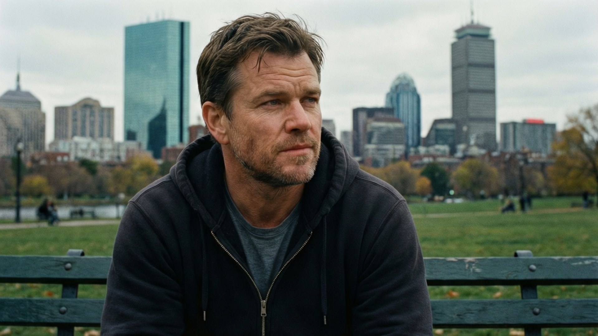 Will Hunting on Bench 壁紙 — 一個留鬍渣的男人坐在綠色公園長椅上，看向鏡頭外，背後是城市天際線。