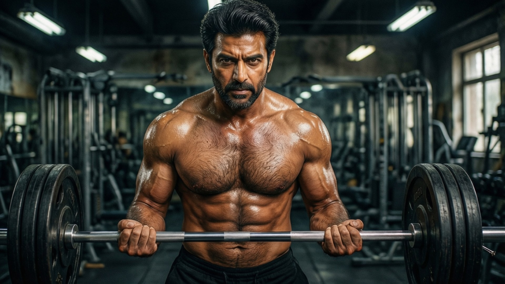 Gym Intensity 壁紙 — 一個留鬍子的肌肉男在昏暗的健身房裡抓著一個沉重的槓鈴，汗水在他清晰的體格上閃閃發光。