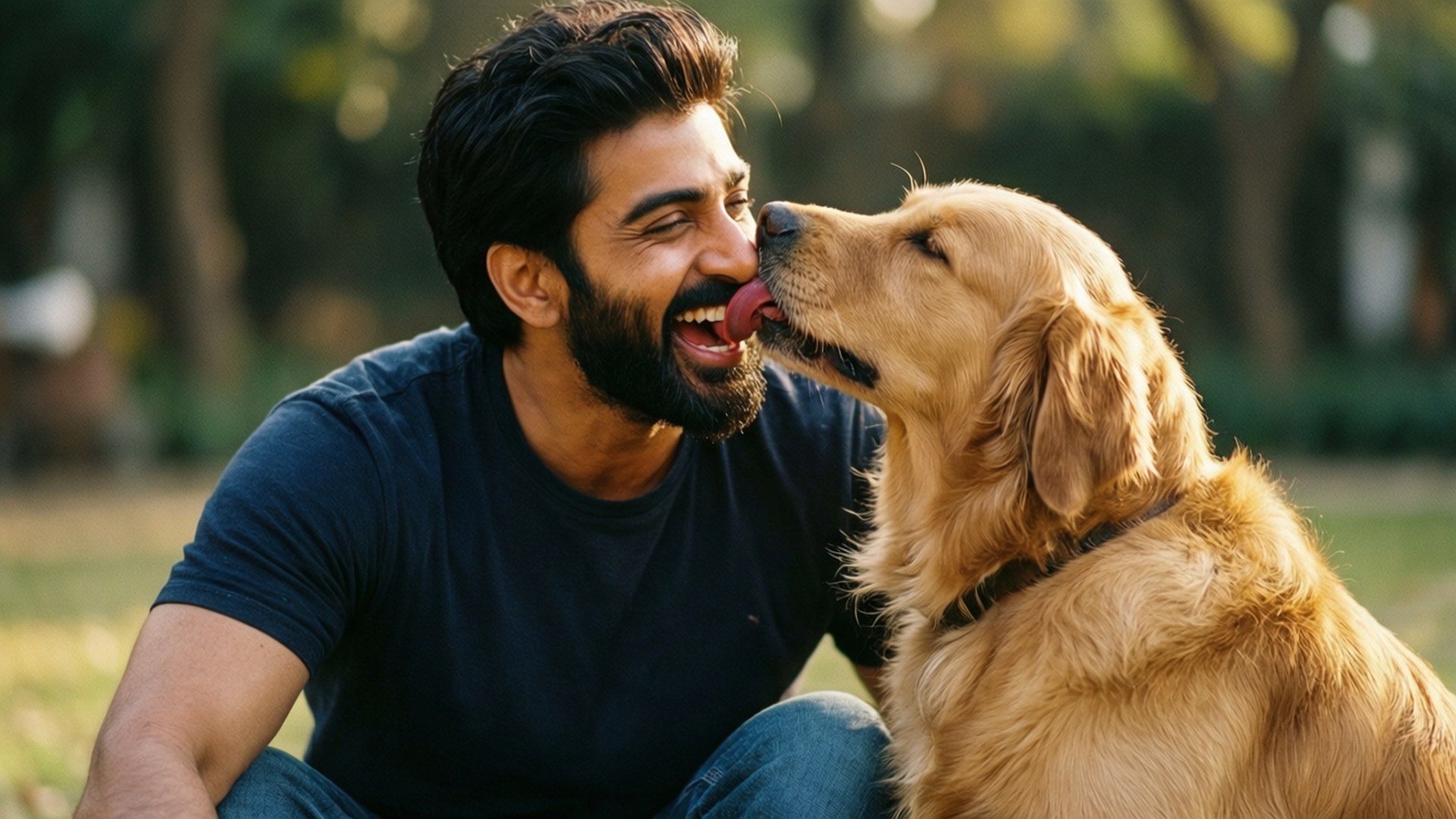 With Golden Retriever 壁紙 — 一個留鬍子的快樂男人在陽光明媚的公園裡笑著，一隻黃金獵犬舔他的臉頰。
